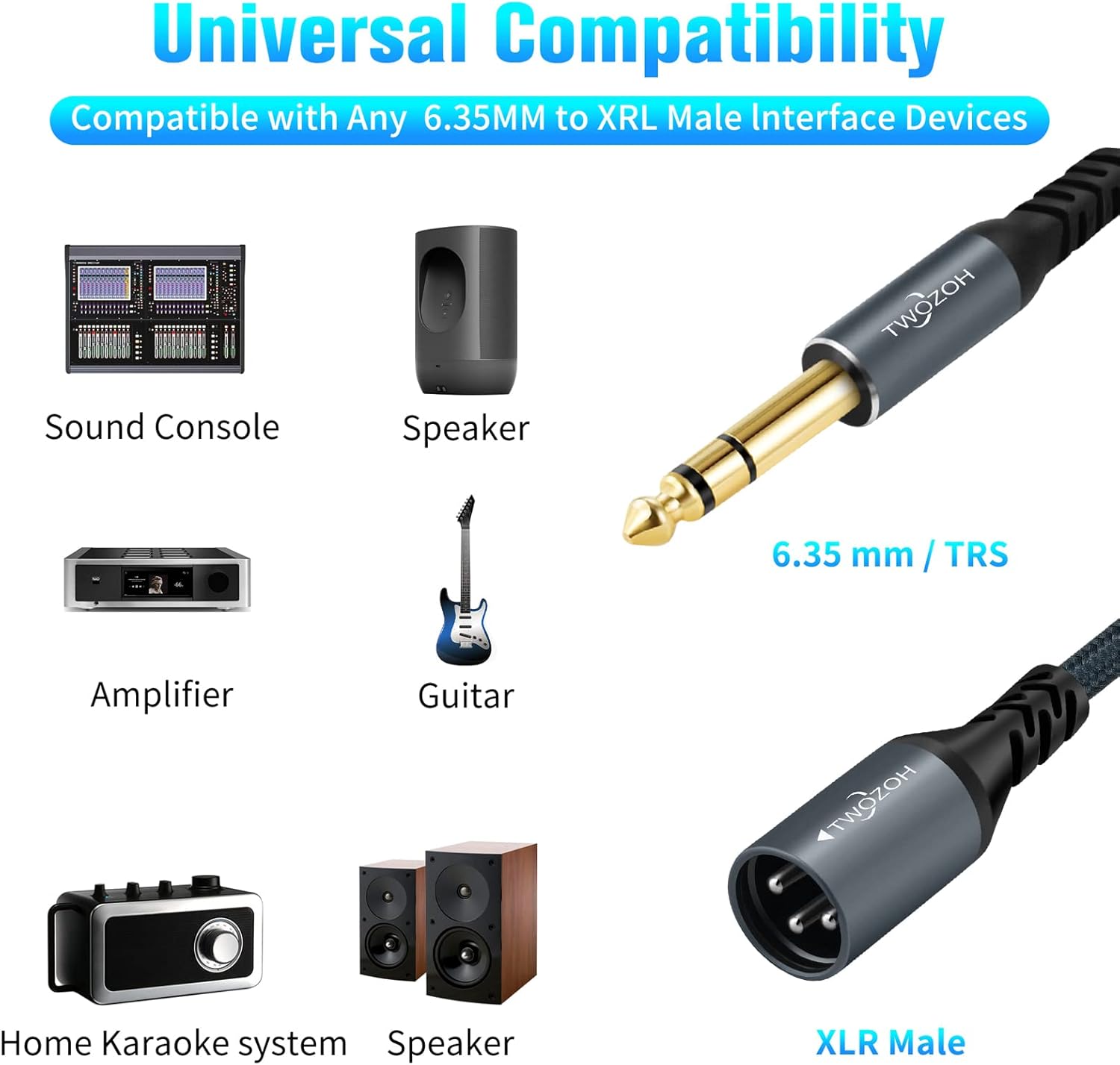 Detalle de Twozoh Klinke 6,35 mm auf XLR Stecker 3-poliges Audiokabel, 1 m – Geflochtenes XLR auf 1/4" TRS Symphony Line