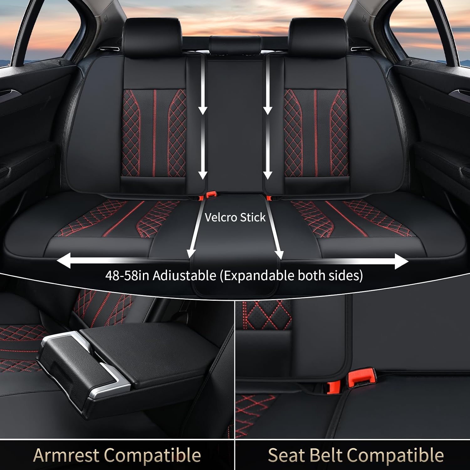 Detalle 2 de FLORICH Leather Seat Covers (Front & Rear) for 5 Seats — Universal Fit, Waterproof Faux Leather, Black & Red Line