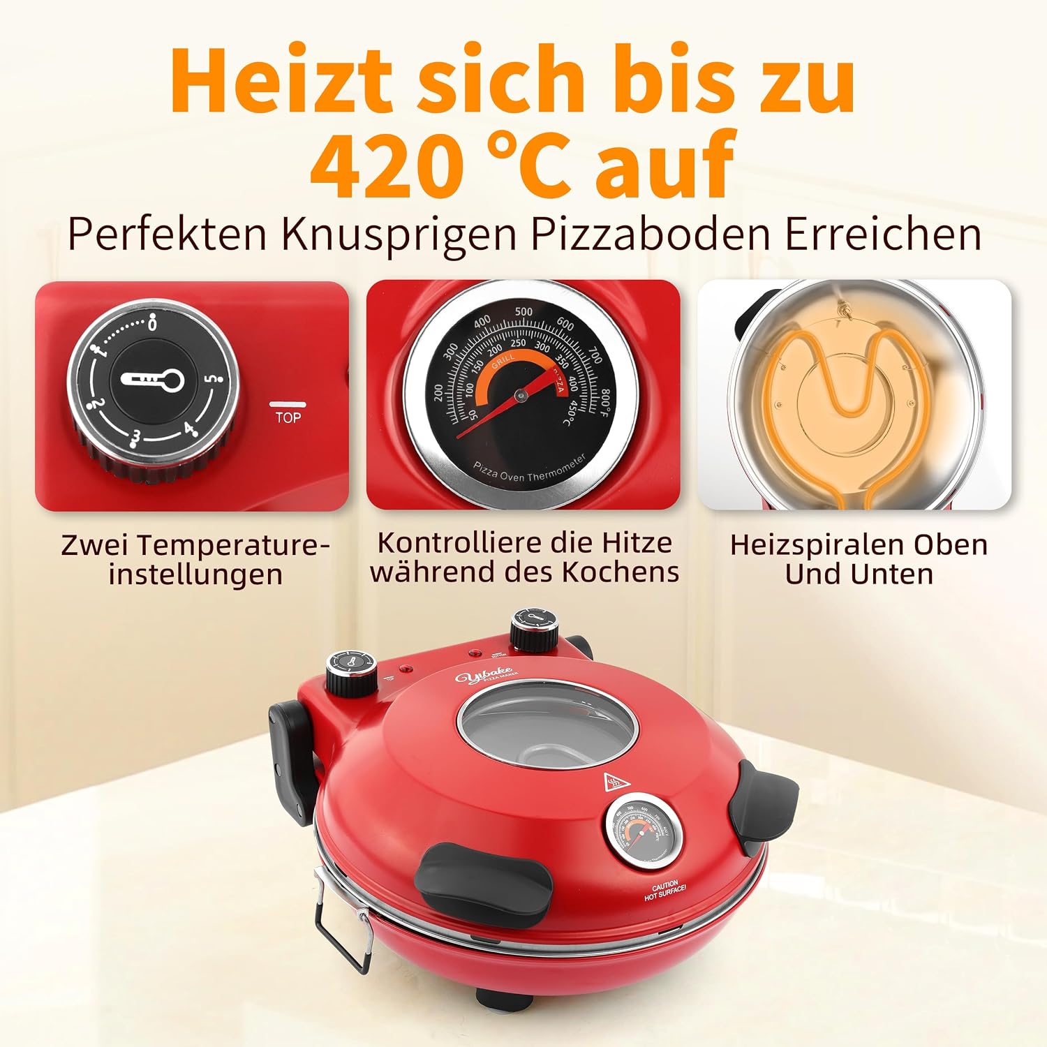 Detalle de YIBAKE Elektrischer Pizzaofen mit Pizzastein (1200 W) bis 420 °C, 31 cm – für 4-Minuten-Pizzen
