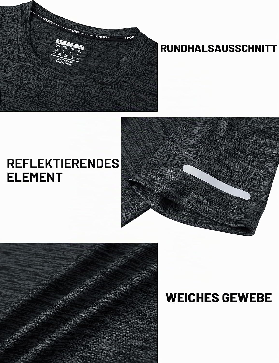 Detalle de TACVASEN Herren Meliertes Sport-T-Shirt mit reflektierenden Streifen (kurzarm, schnelltrocknend)