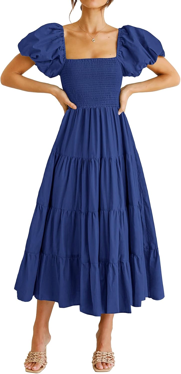 Thumbnail 6 de PRETTYGARDEN Women’s Casual Summer Midi Dress with Smocked Bodice, Tiered Ruffles & Square Neck