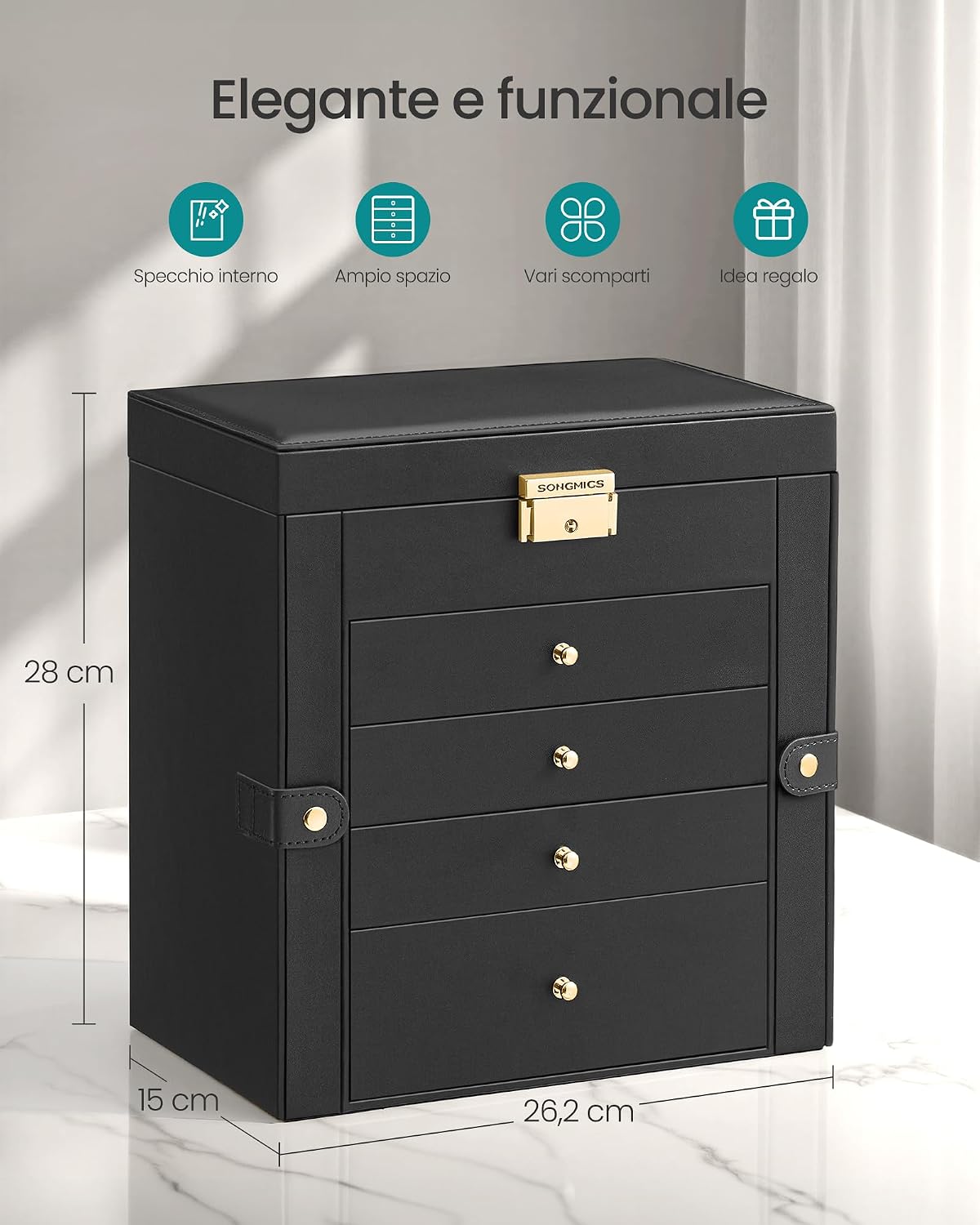 Detalle de SONGMICS Scatola Portagioie a 5 livelli con Specchio Interno e Serratura – Nero Inchiostro JBC153BZ02