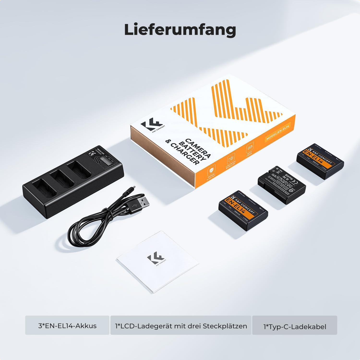 Thumbnail 6 de K&F CONCEPT EN-EL14/EN-EL14a 3er-Pack Akku + LCD-Ladegerät – kompatibel mit Nikon D5300/D5600 u. a.