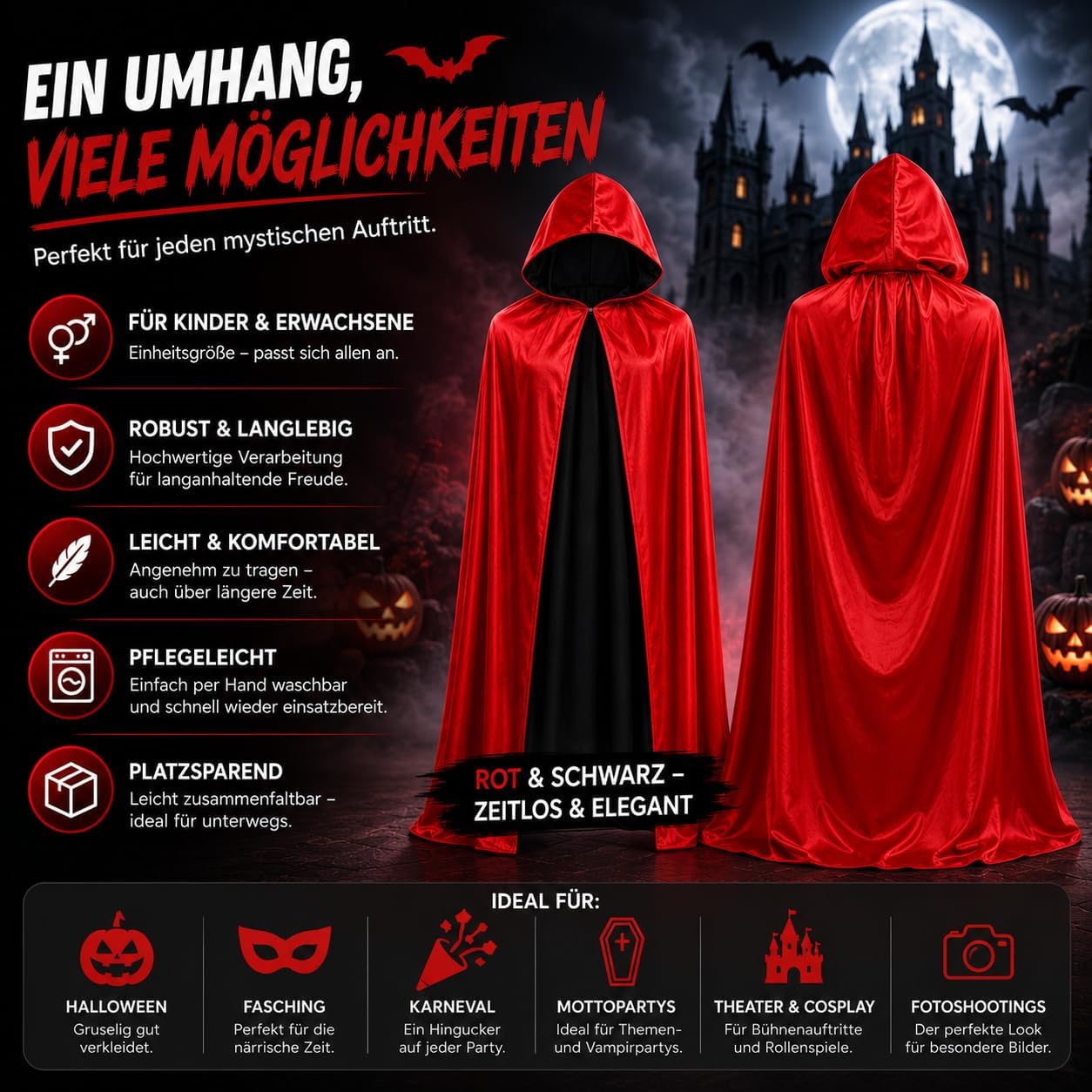 Detalle 1 de Vampyrdräkt med huva – lång mantel med knytband för Halloween och maskerad