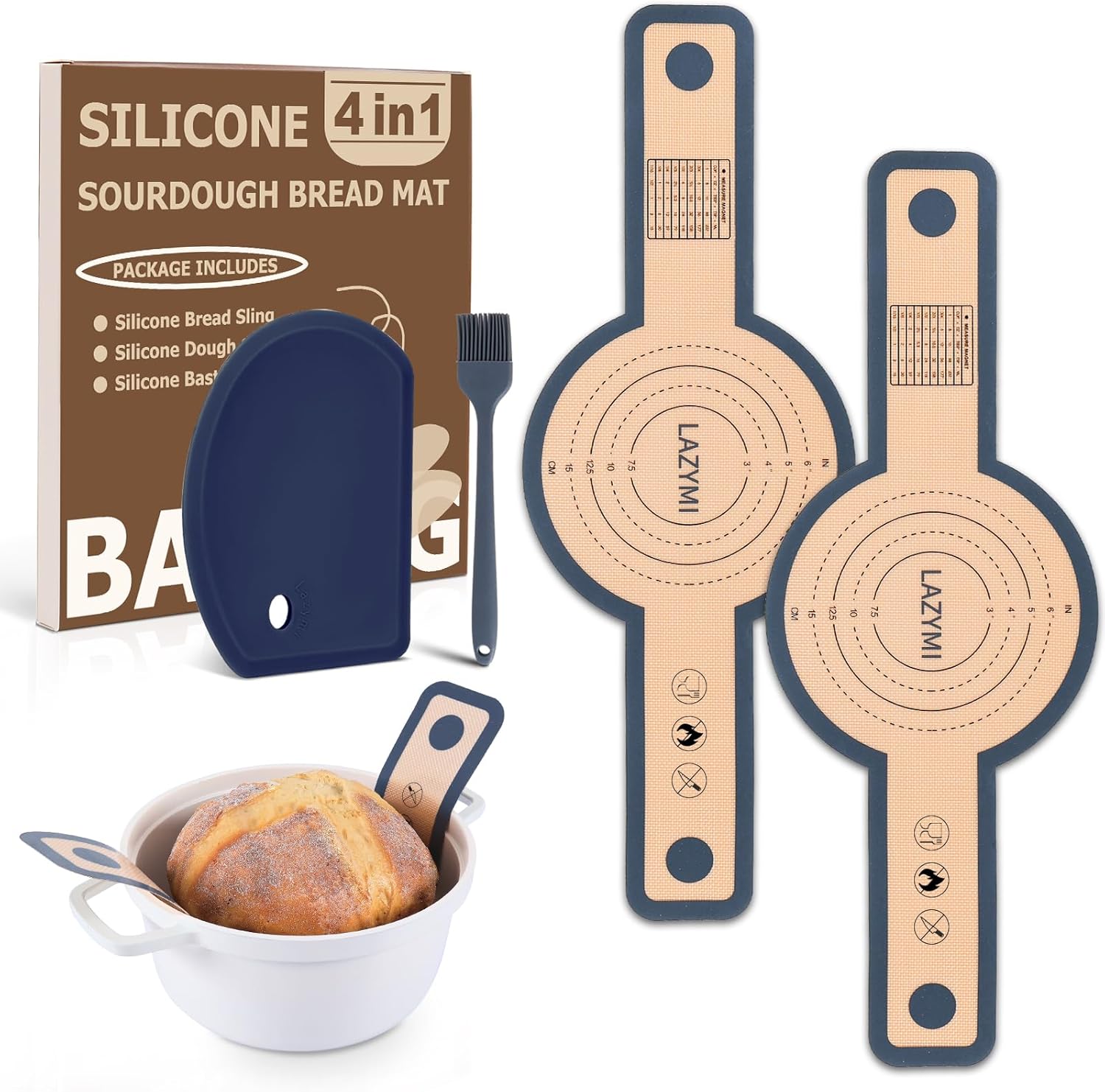 Lazymi Silikon-Backmatte für Dutch Oven (2 Stück) inkl. Teigschneider & Backpinsel, dunkelgrau