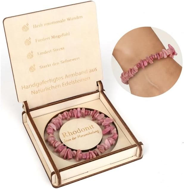 Detalle de RUBY Naturstein Splitterarmband aus Rhodonit – handgefertigt, elastisch, mit Holzbox