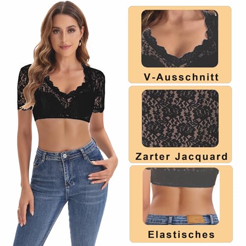 Detalle de Adisno Dirndl Bluse Damen – Spitze, tiefer V-Ausschnitt, Schwarz