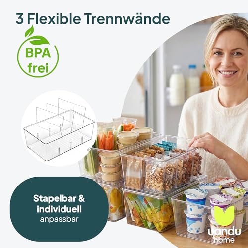 Detalle de uandu Kühlschrank Organizer 4er Set mit 4 Fächern – flexibel, transparent und BPA-frei