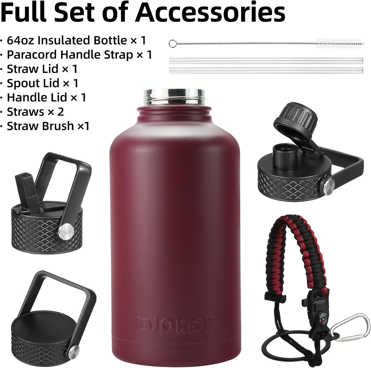 Detalle de BJPKPK Half Gallon Insulated Water Bottle with Straw Lid (64oz) in Brick Red