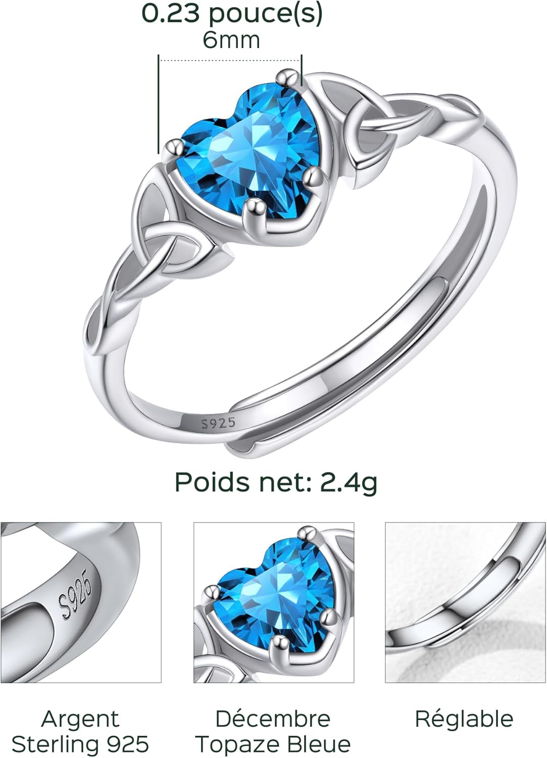 Thumbnail 2 de ChicSilver Bague Femme Argent Reglable — Anneau cœur et motif Celtique, cadeau élégant