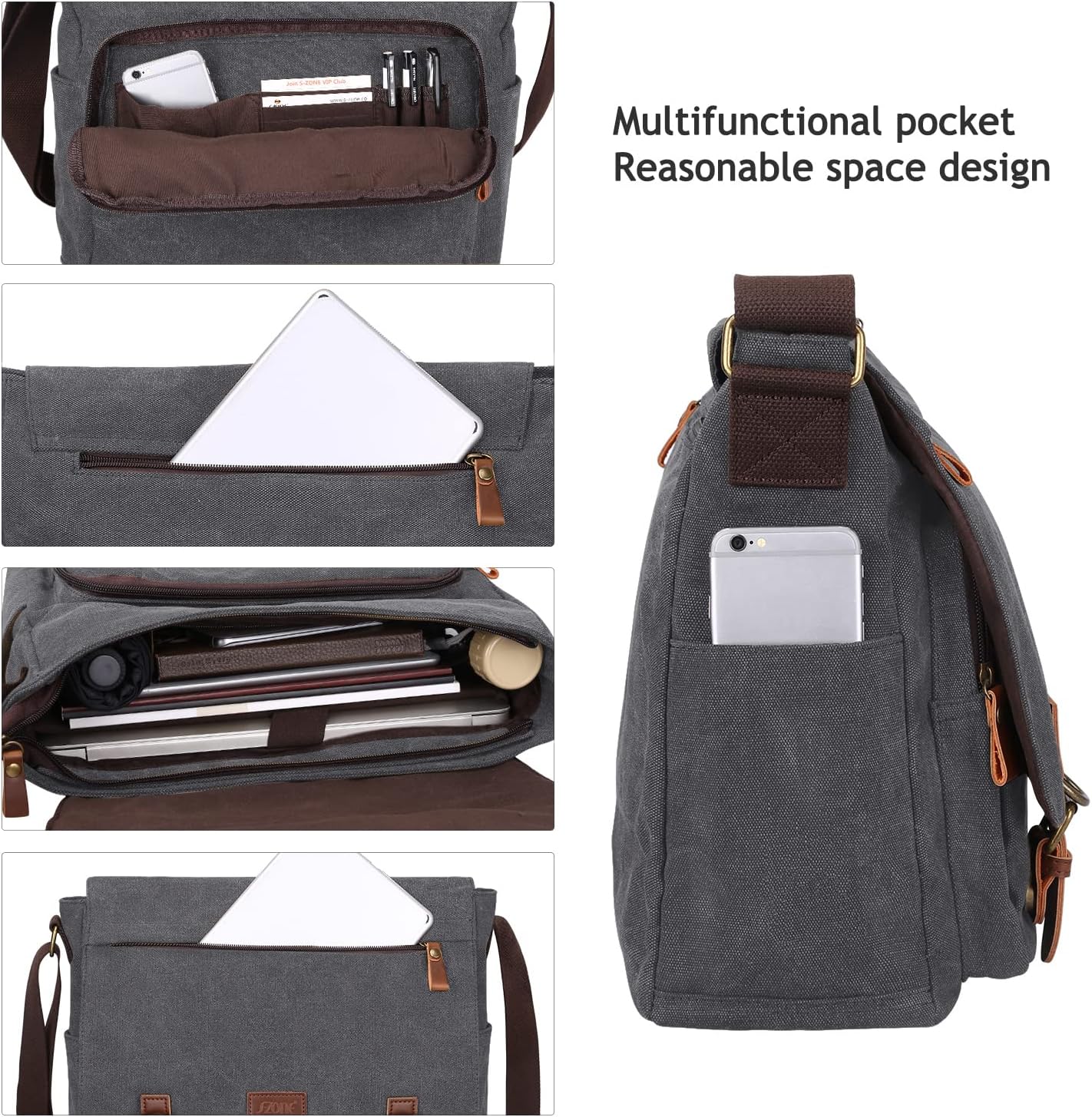 Detalle de S-ZONE Homme sac à bandoulière 15,6 pouces en toile vintage : grand sac messager pour ordinateur portable