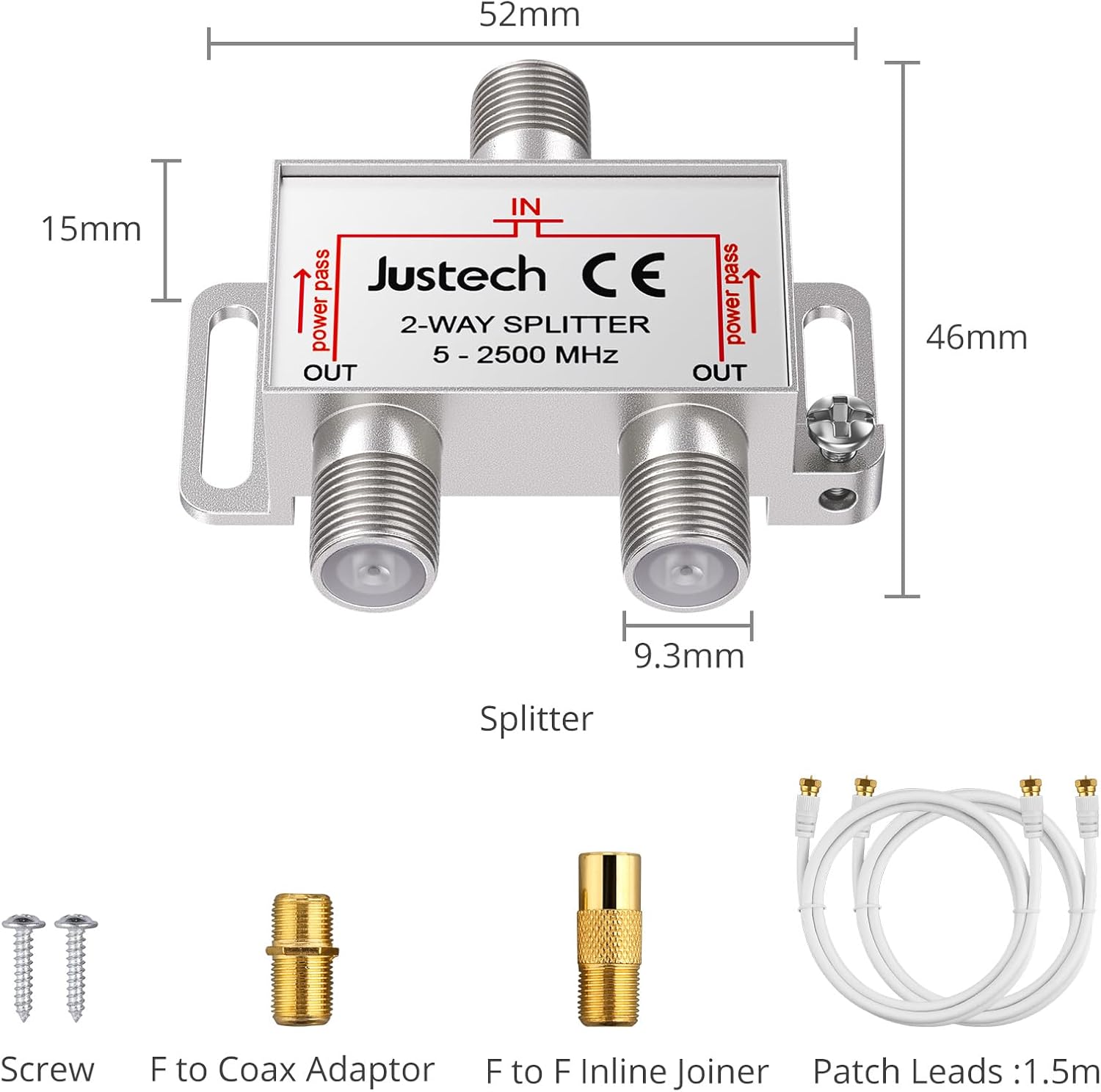 Thumbnail 3 de Justech 2 Way TV Aerial Splitter with 1.5m Coax Cables – F Connector, 2500MHz