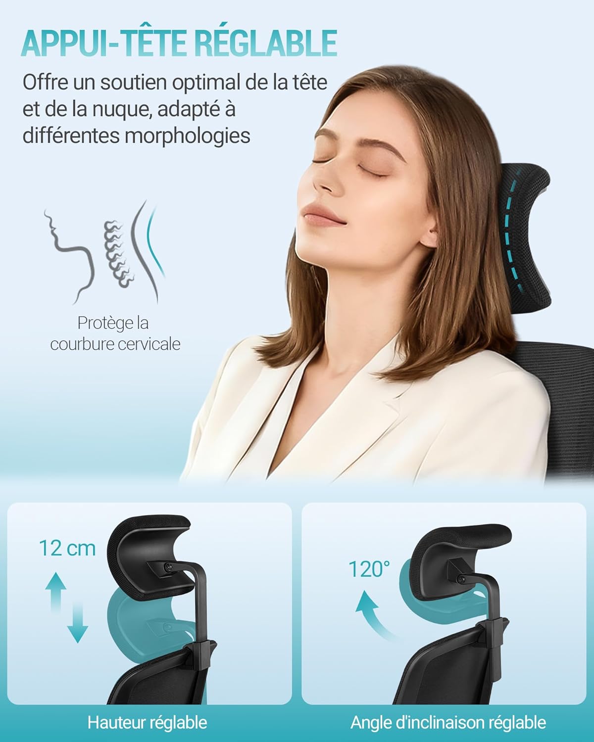 Thumbnail 5 de Hzuaneri Chaise de bureau ergonomique ON00199B avec appui-tête et soutien lombaire réglables (jusqu’à 150 kg), noir