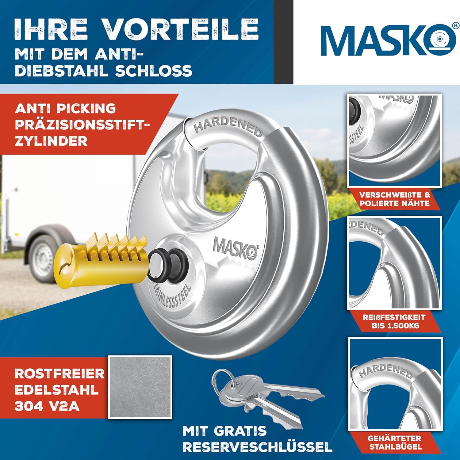 Detalle de MASKO® Anhängerschloss mit Stecksystem für angekoppelte & abgekuppelte Anhänger (Rundbügel-Schloss, Schlüssel, Schutzkappe) – Silber