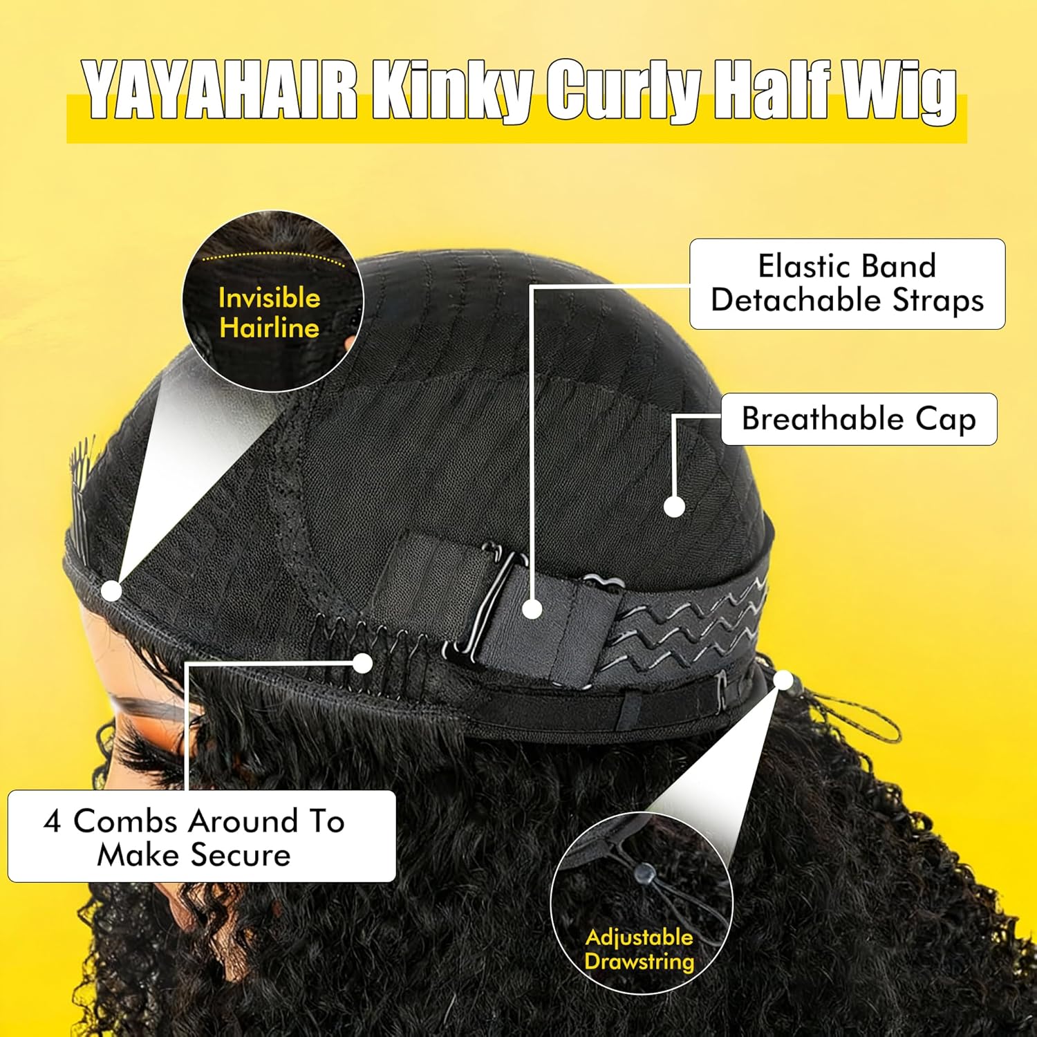 Detalle de Half Wig in Capelli Umani Glueless 20 pollici – 3 in 1, Kinky Curly, Look Ready in 10 Secondi