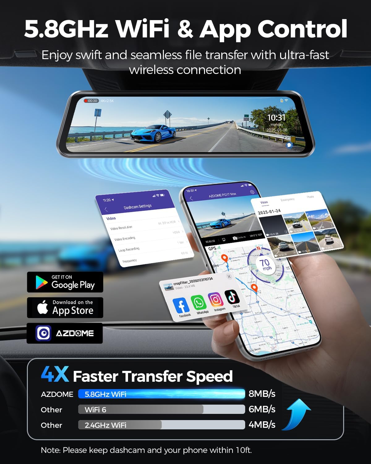 Thumbnail 4 de AZDOME PG17 Max 4K+2.5K Mirror Dash Cam with AR, ADAS, BSD & LCA – 12" Rearview Mirror