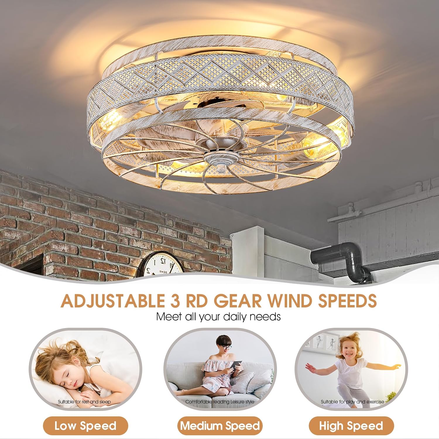 Detalle 1 de SHIHOT 18-inch Low-Profile Caged Ceiling Fan with Light and Remote