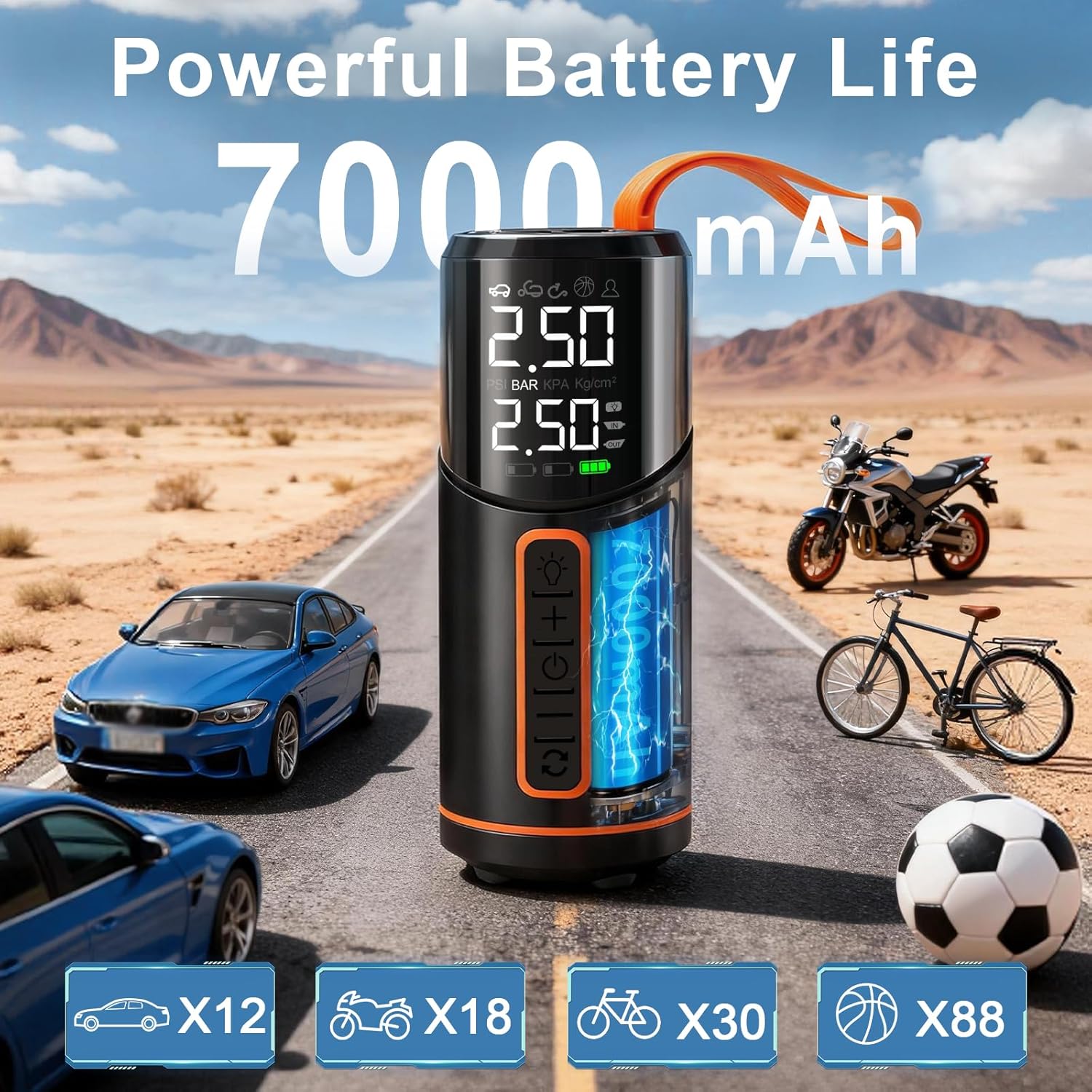 Thumbnail 2 de DICTIEN 7000mAh Portable Air Compressor with 150 PSI: Compact Inflator for Cars, Motorbikes and Bikes