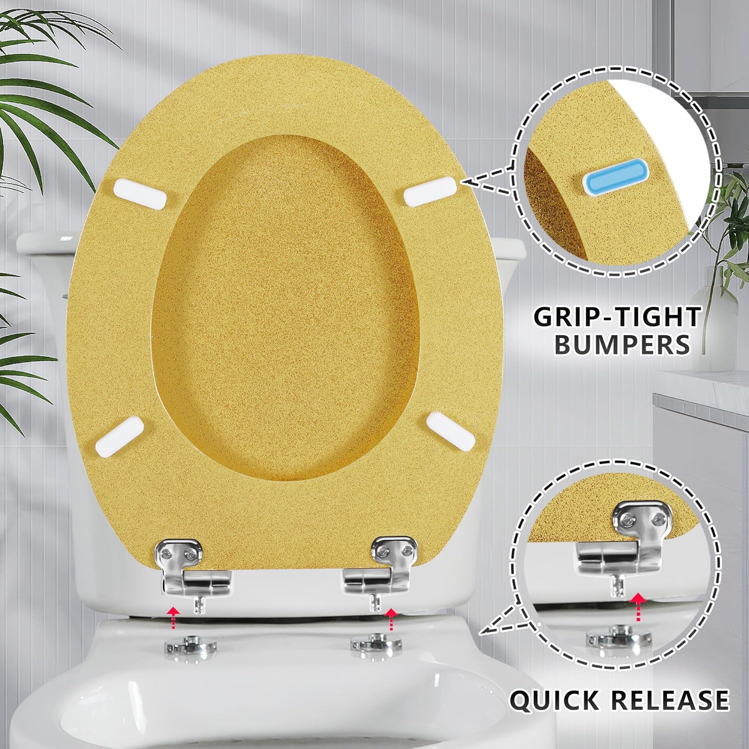 Thumbnail 3 de Angel Shield Glitter Moulded Wood Toilet Seat (Oval) with Quiet Close & Quick-Release Hinges – Gold Yellow Glitter, 45x37cm