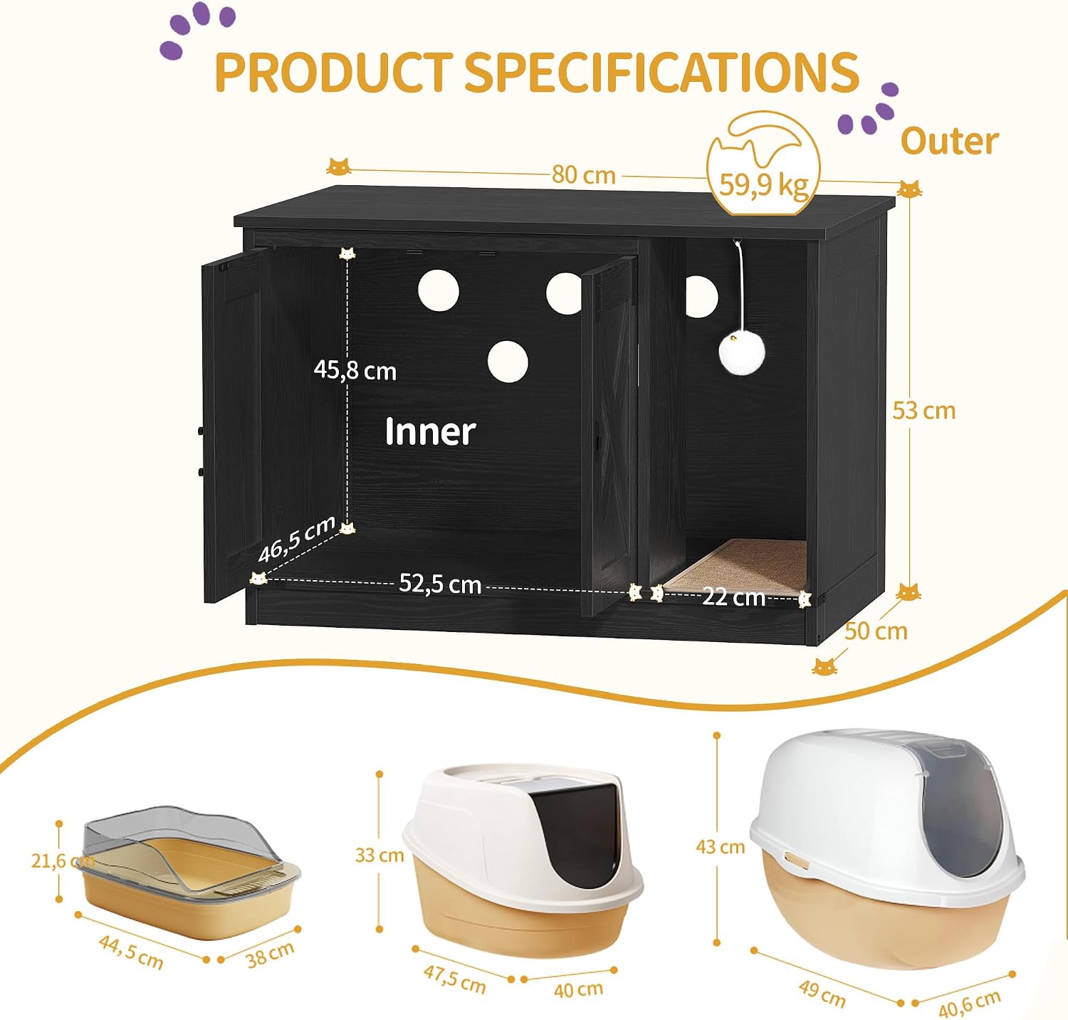 Detalle 2 de Hzuaneri CB82404X Cat Litter Box Enclosure, Black Farmhouse Cabinet with Curved Entry
