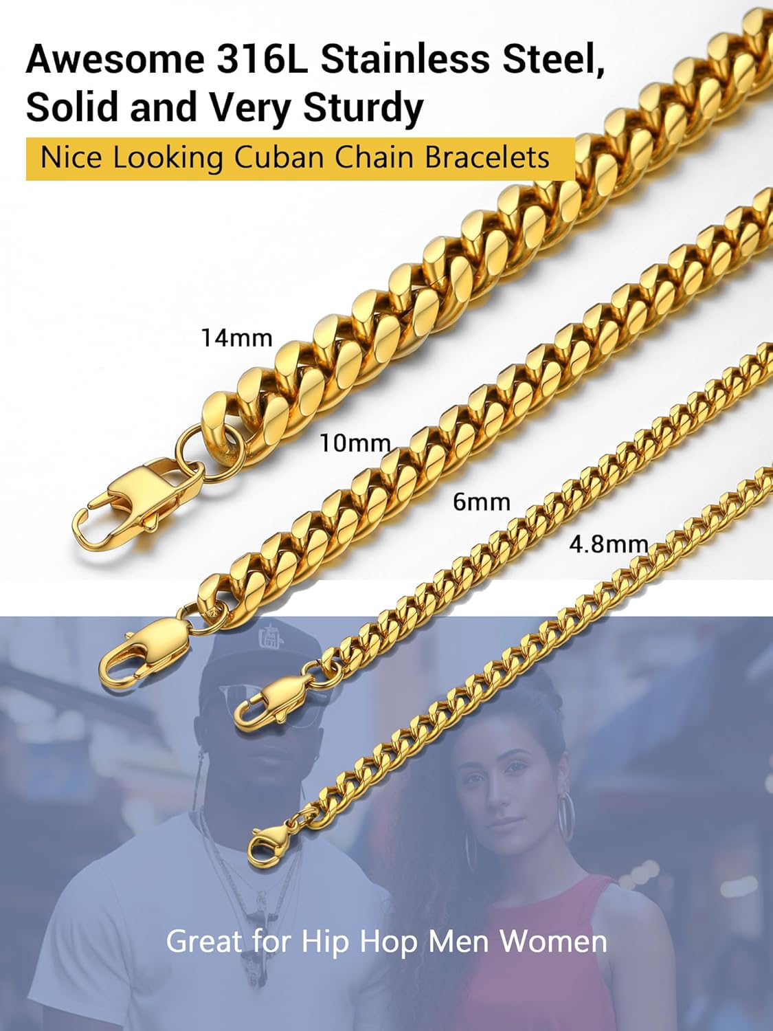 Thumbnail 2 de PROSTEEL Bracciale da uomo in acciaio inox 316L con bagno oro 18K, catena cubana con maglie da 4,8/6/10/14 mm