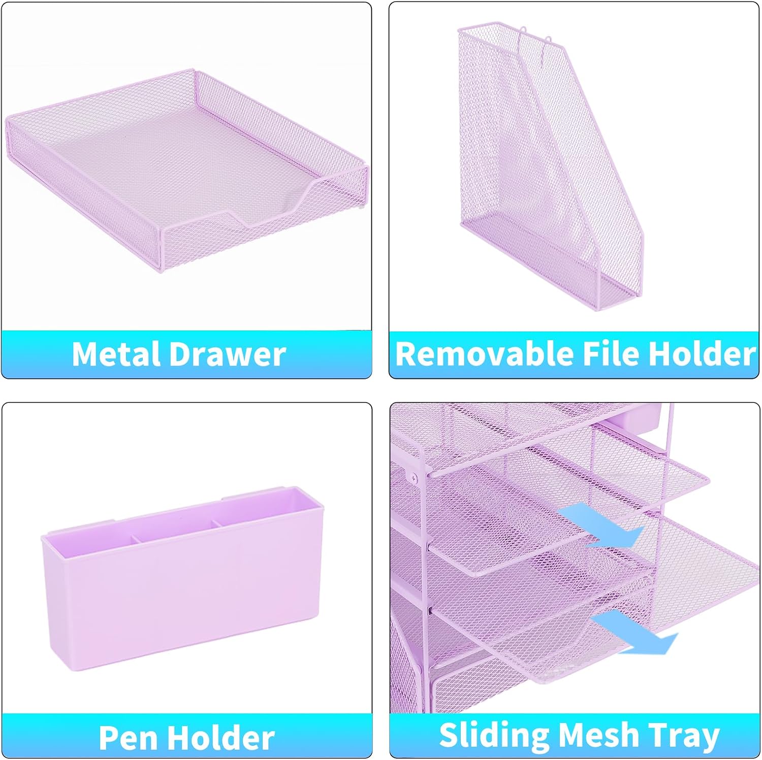 Thumbnail 2 de Gugsey Desk File Organizer, 5-Tier Metal Desk Organizer with Drawer & Pen Holder, Purple