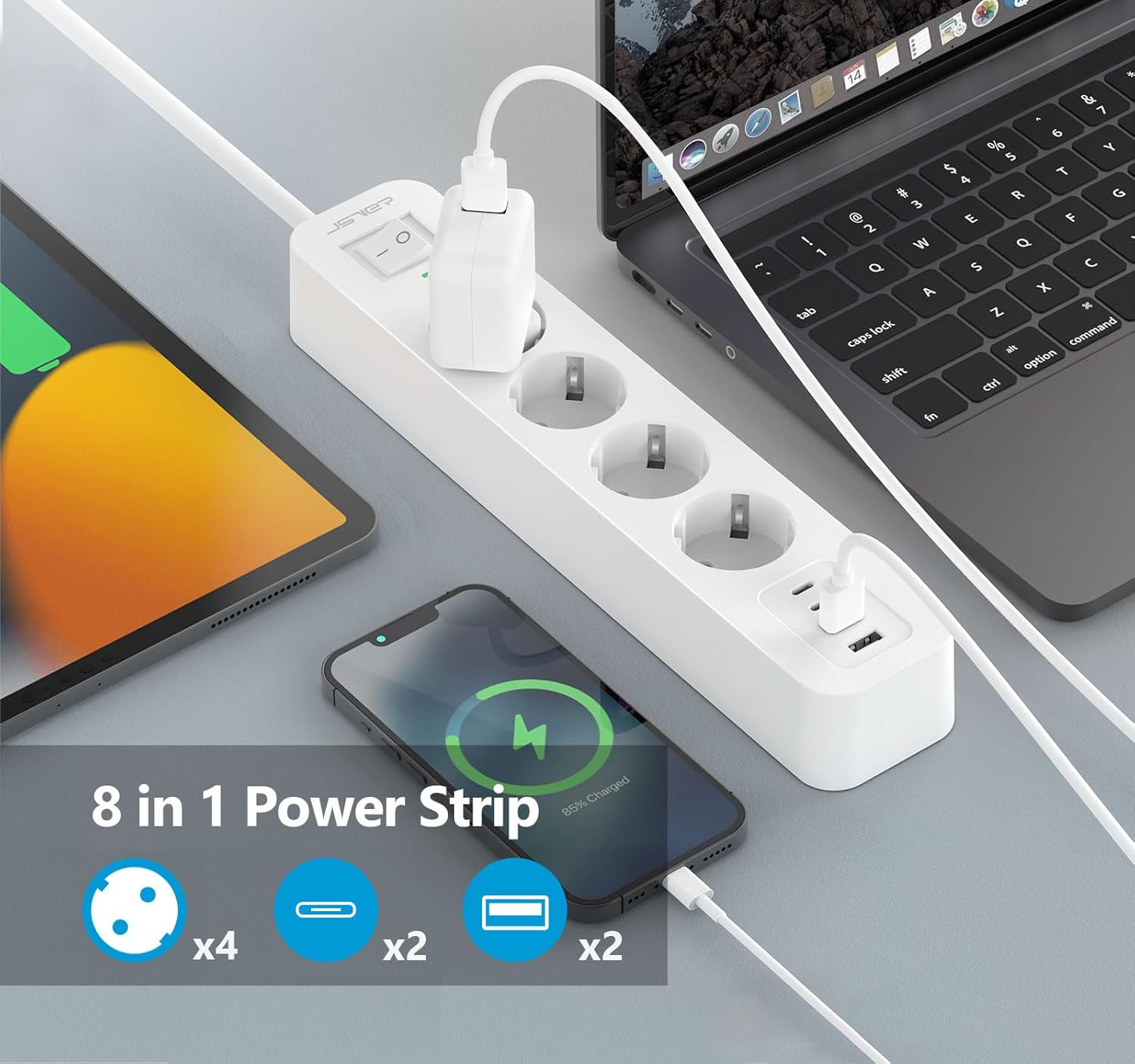 Thumbnail 1 de JSVER Multiprise USB C, 4 prises AC et 4 ports USB (2 USB-A + 2 USB-C) – 3680W, protection s/oversurge et interrupteur, câble 2m