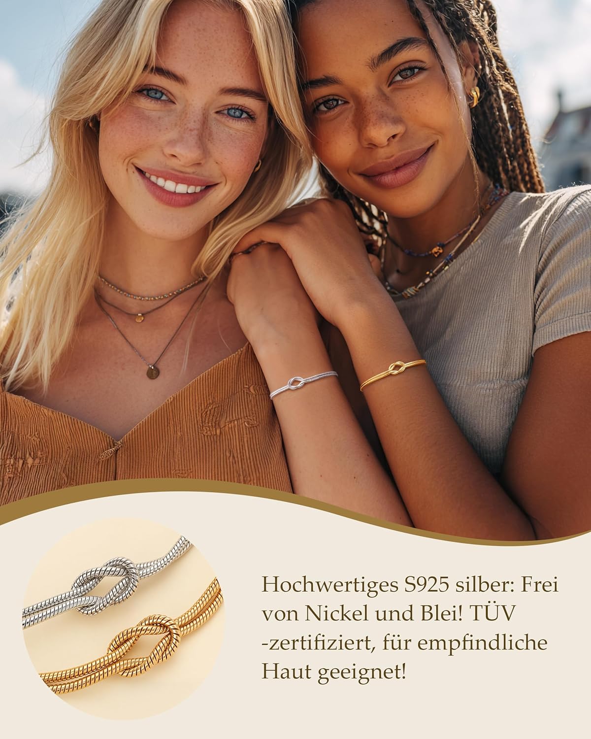 Detalle de 2er Freundschaftsarmbänder Set aus Silber 925 und 14K Gold – Verstellbares Knotenarmband, Geschenkbox