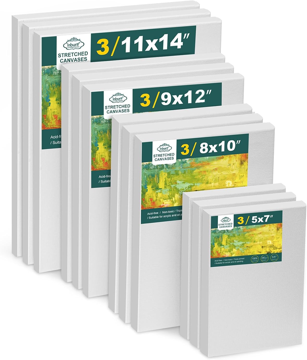 Detalle de Inburit Canvas for Painting: 12 Pack Pre-Stretched Cotton Canvases (13x18cm, 20x25cm, 23x30cm, 28x35cm)