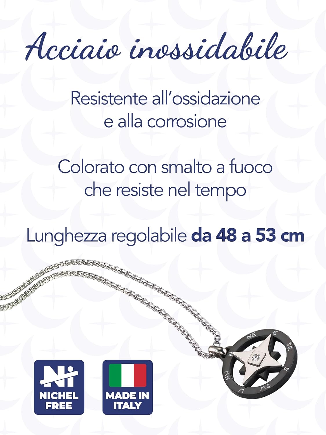 Detalle de Collana uomo in acciaio con ciondolo Rosa dei Venti – Lunghezza regolabile 48–53 cm | inSCINTILLE