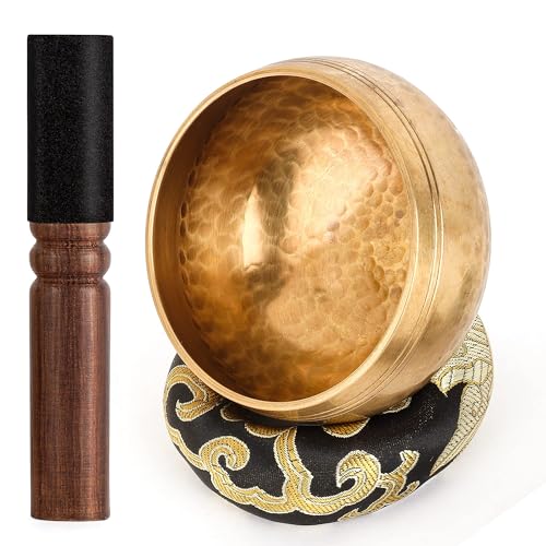 OZCHIN Tibetisches Klangschalen-Set – handgehämmert in Nepal, 8 cm (inkl. Meditationsschale, Ringkissen, Holzklöppel, Box)