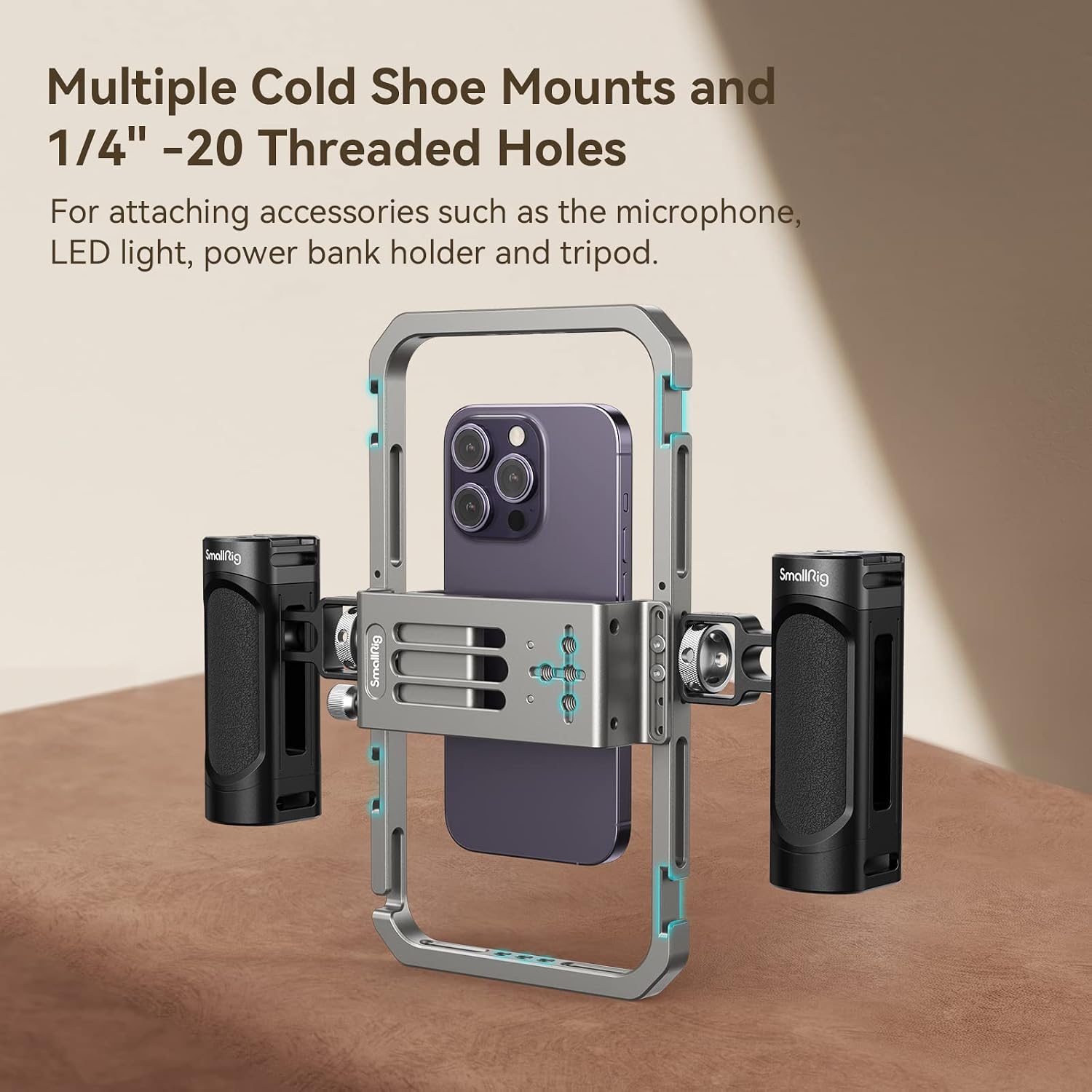Detalle de SMALLRIG 4121 telefoonstabilisatorset met aluminium cage en dubbele handgrepen
