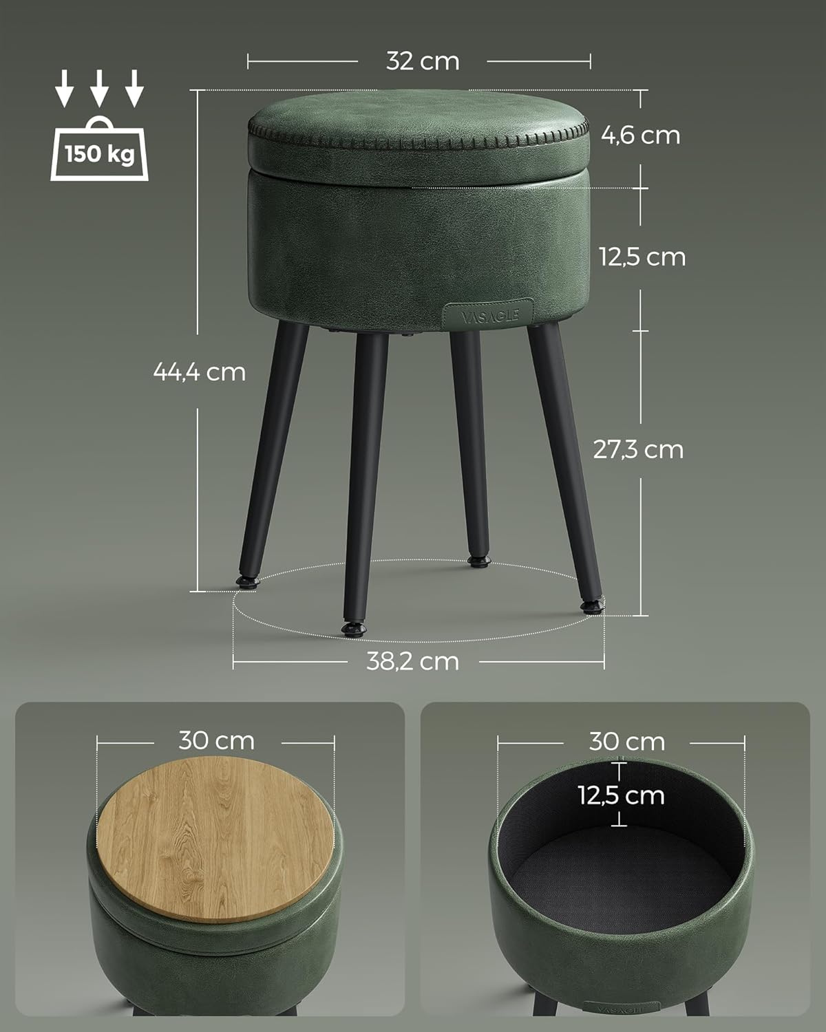 Thumbnail 2 de VASAGLE EKHO Collezione – Sgabello contenitore verde foresta, pouf e poggiapiedi in PU con cuciture, 150 kg
