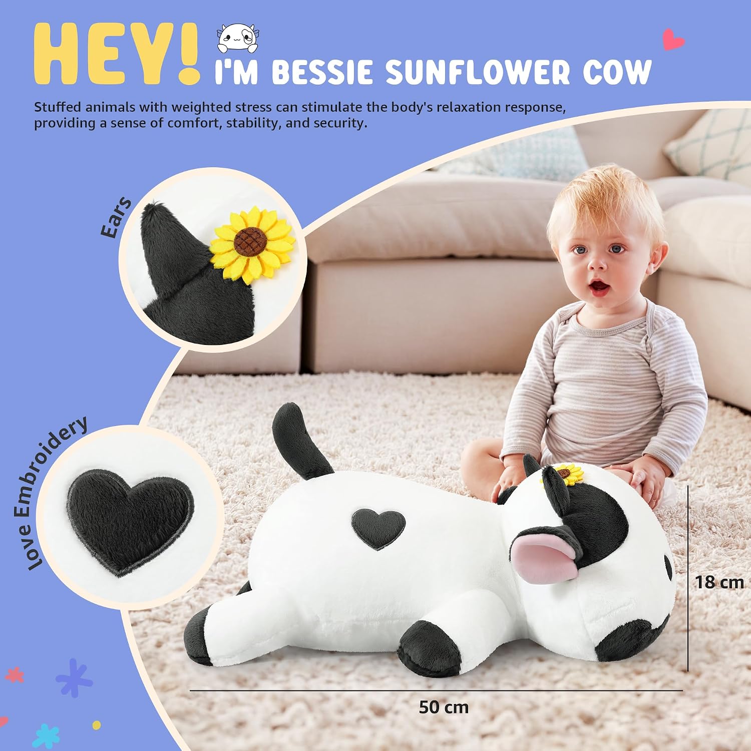 Detalle 2 de shownicer Wärmekissen Stofftier Kuh (50 cm) für Mikrowelle – wärmendes & beruhigendes Kuschelplüsch