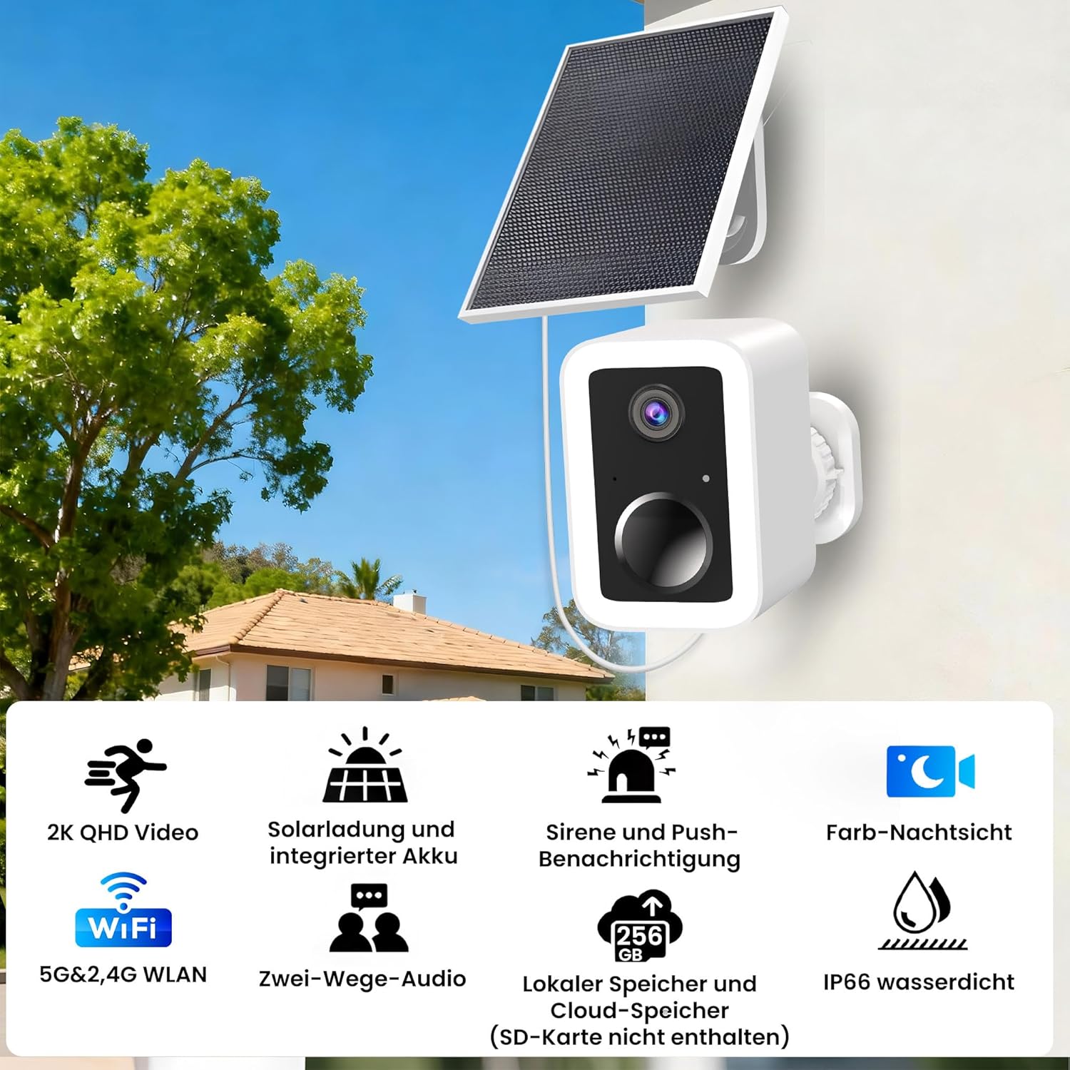 Detalle de Funstorm 2K Außen-Überwachungskamera mit Akku, Solar und Dual-Band WLAN – 2-Wege-Audio, PIR, Sirene, Flutlicht, IP66