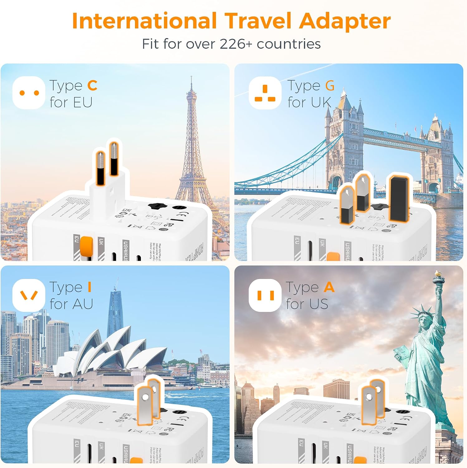 Detalle 2 de TESSAN Universal Travel Adapter 65W with USB-C ports 🔌