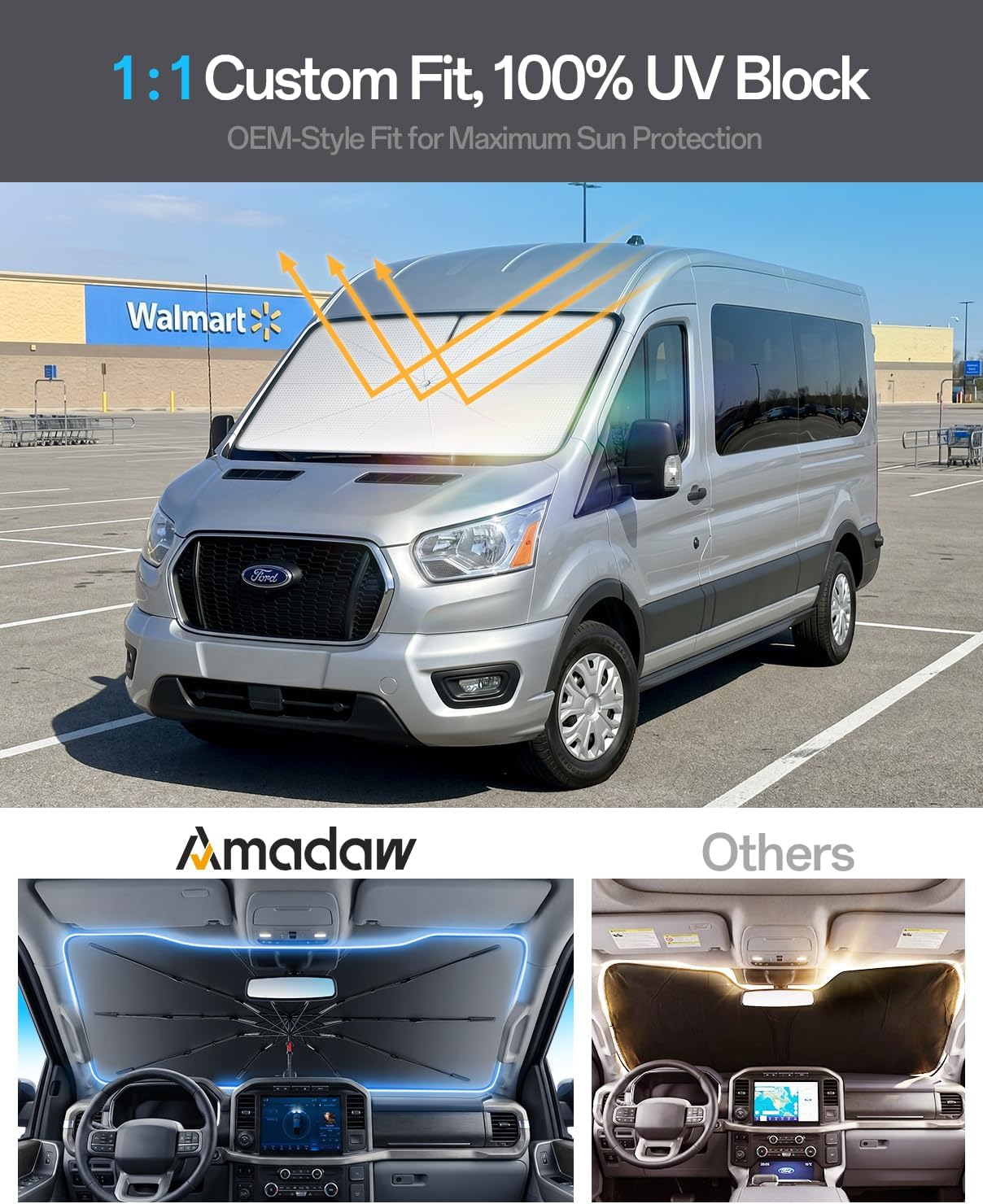 Detalle de Amadaw Windshield Sun Shade for Ford T150/250/350 (2015–2026) — Foldable Umbrella Sunshade with 100% UV Block
