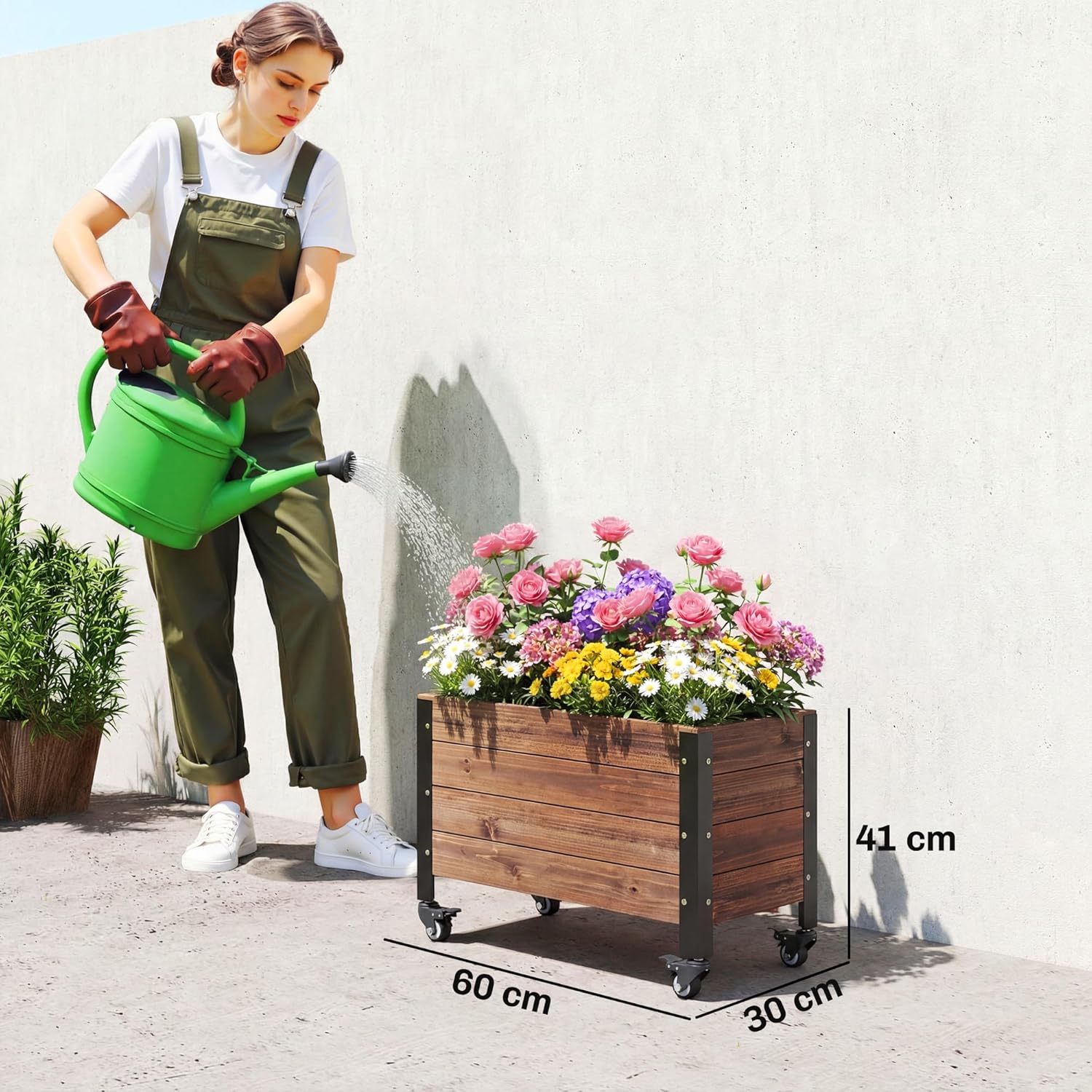 Thumbnail 6 de Outsunny Jardinière surélevée en bois avec roues – carré potager 60 x 30 x 41 cm, Marron