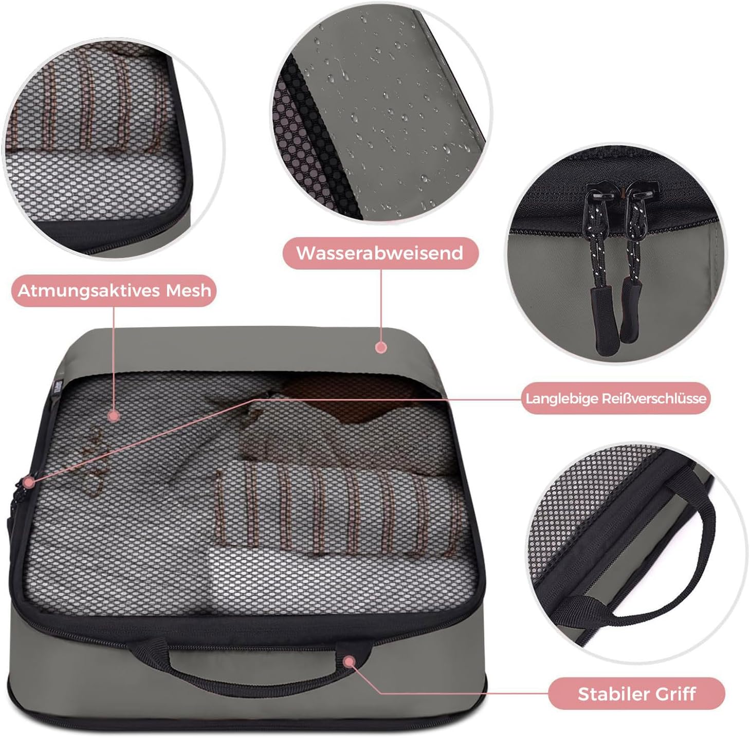 Detalle de BAGLHER Packwürfel Kompression für die Reise – leistungsstarkes 4‑teiliges Set mit wasserdichten Packtaschen in Grau