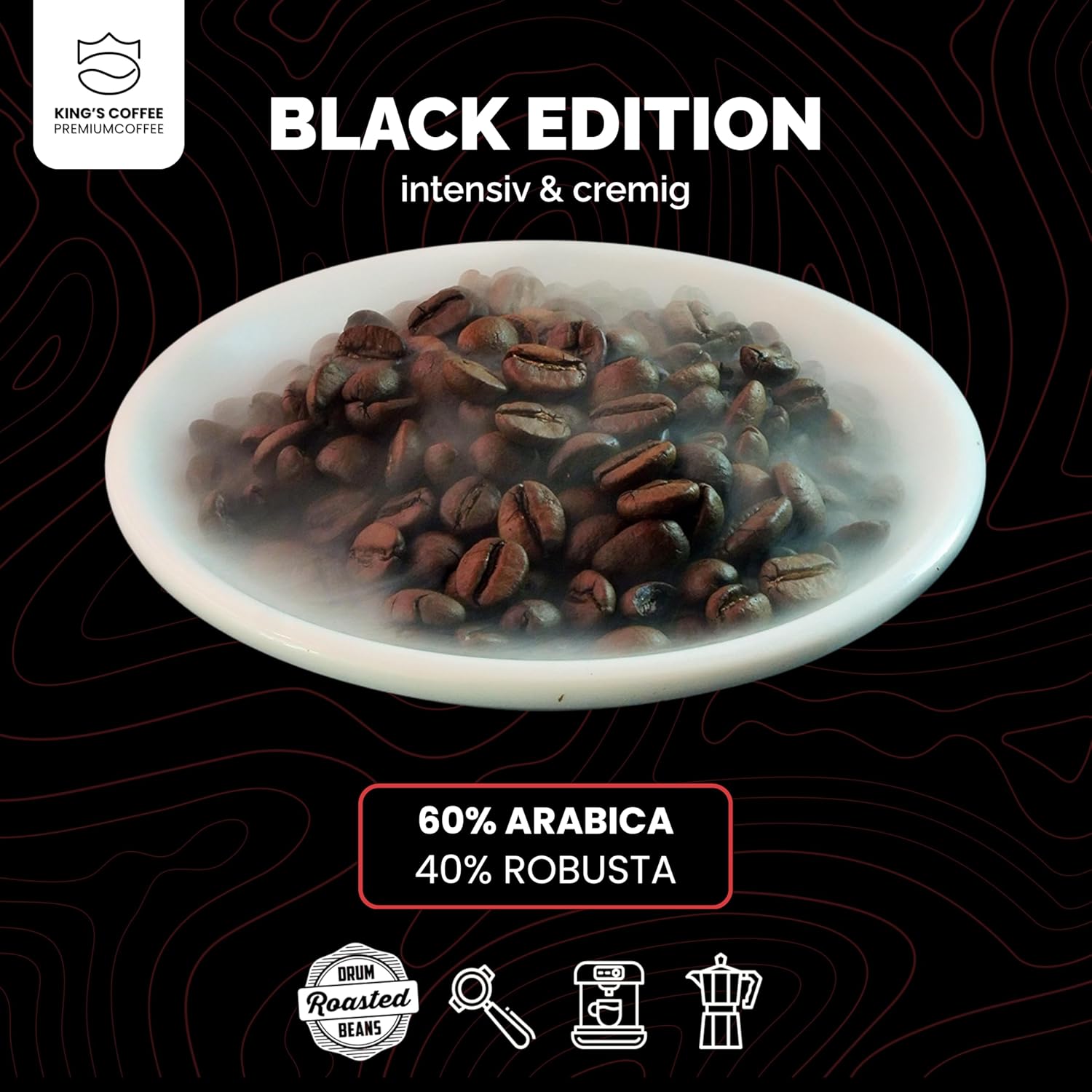 Detalle de KING'S COFFEE BLACK EDITION – 1 kg Ganze Kaffeebohnen, kräftiger Arabica Espresso Blend