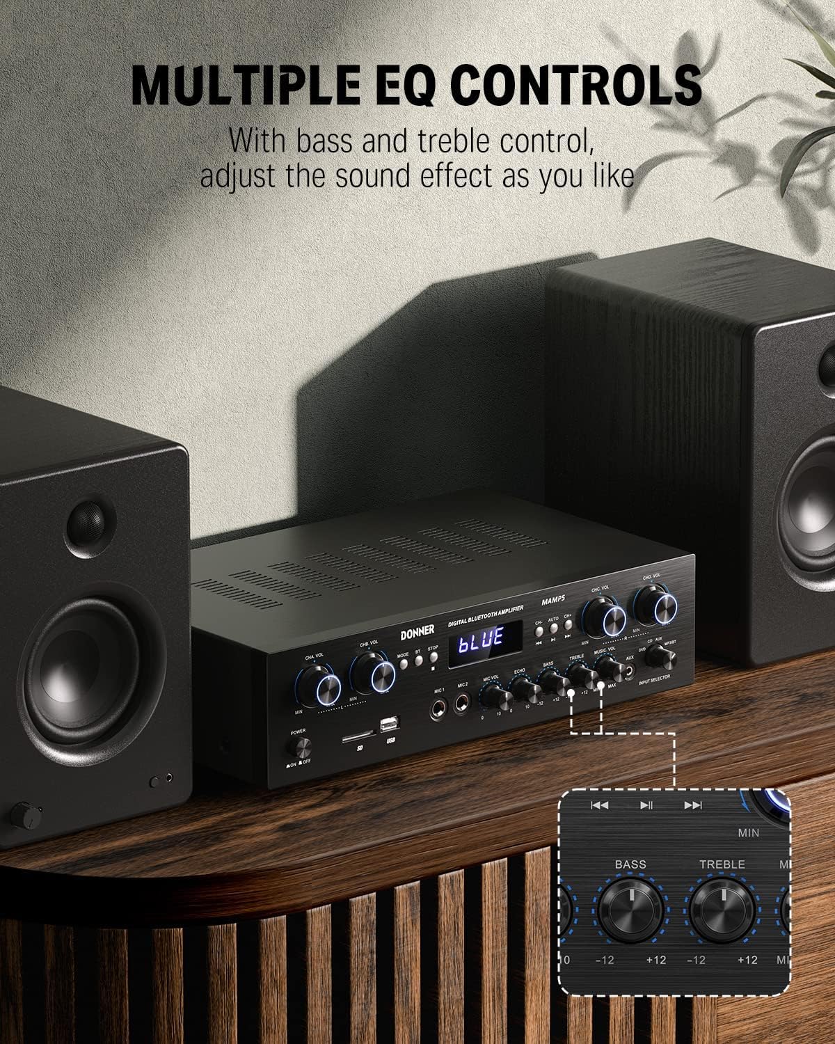 Detalle 2 de Donner MAMP5 4-Channel Stereo Amplifier with Bluetooth 5.0 and Dual Mic Inputs