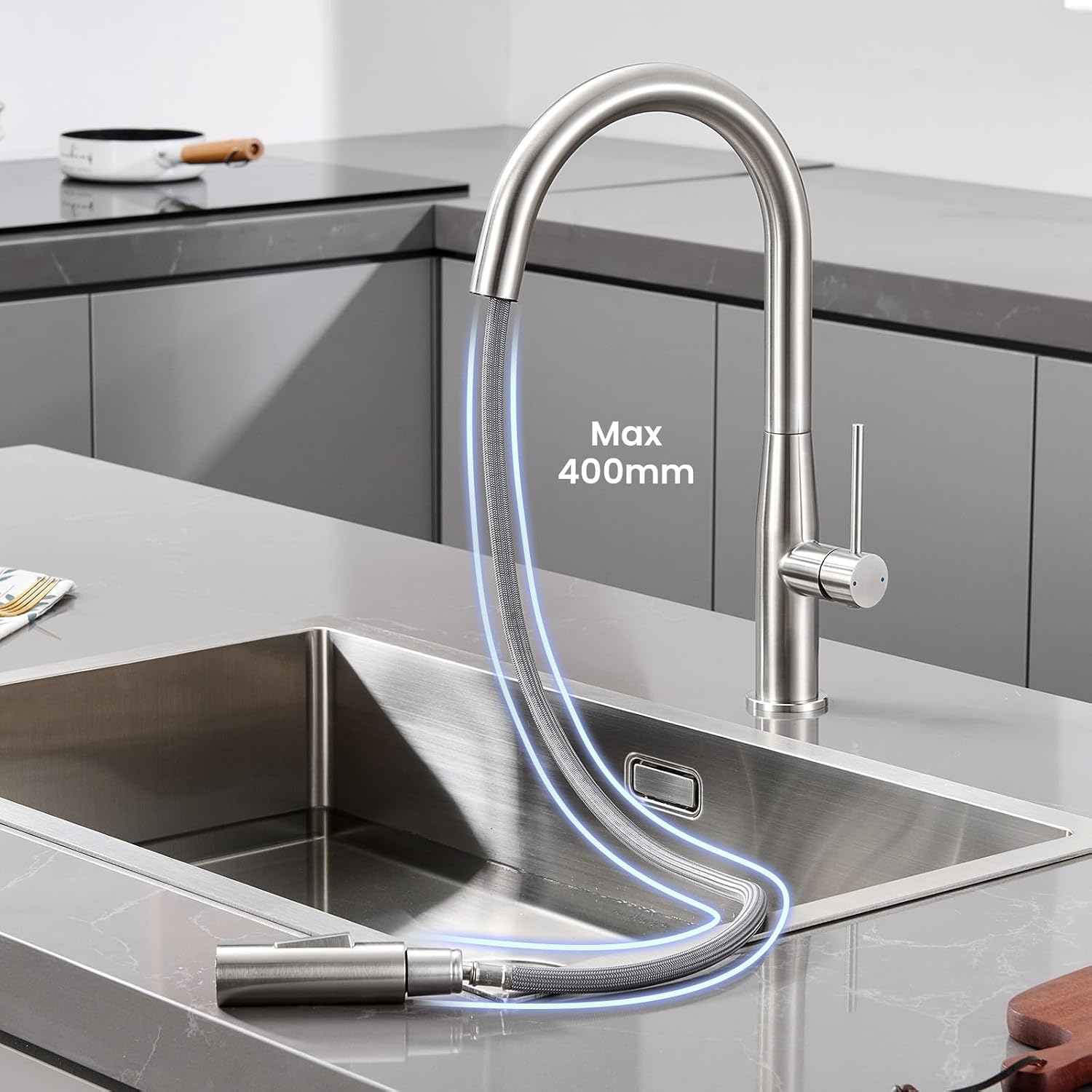 Thumbnail 2 de DERW Kitchen Tap: Pull-Out Sprayer, 2-Mode Spray, 360° Swivel, 304 Stainless Steel, Easy Fittings Included