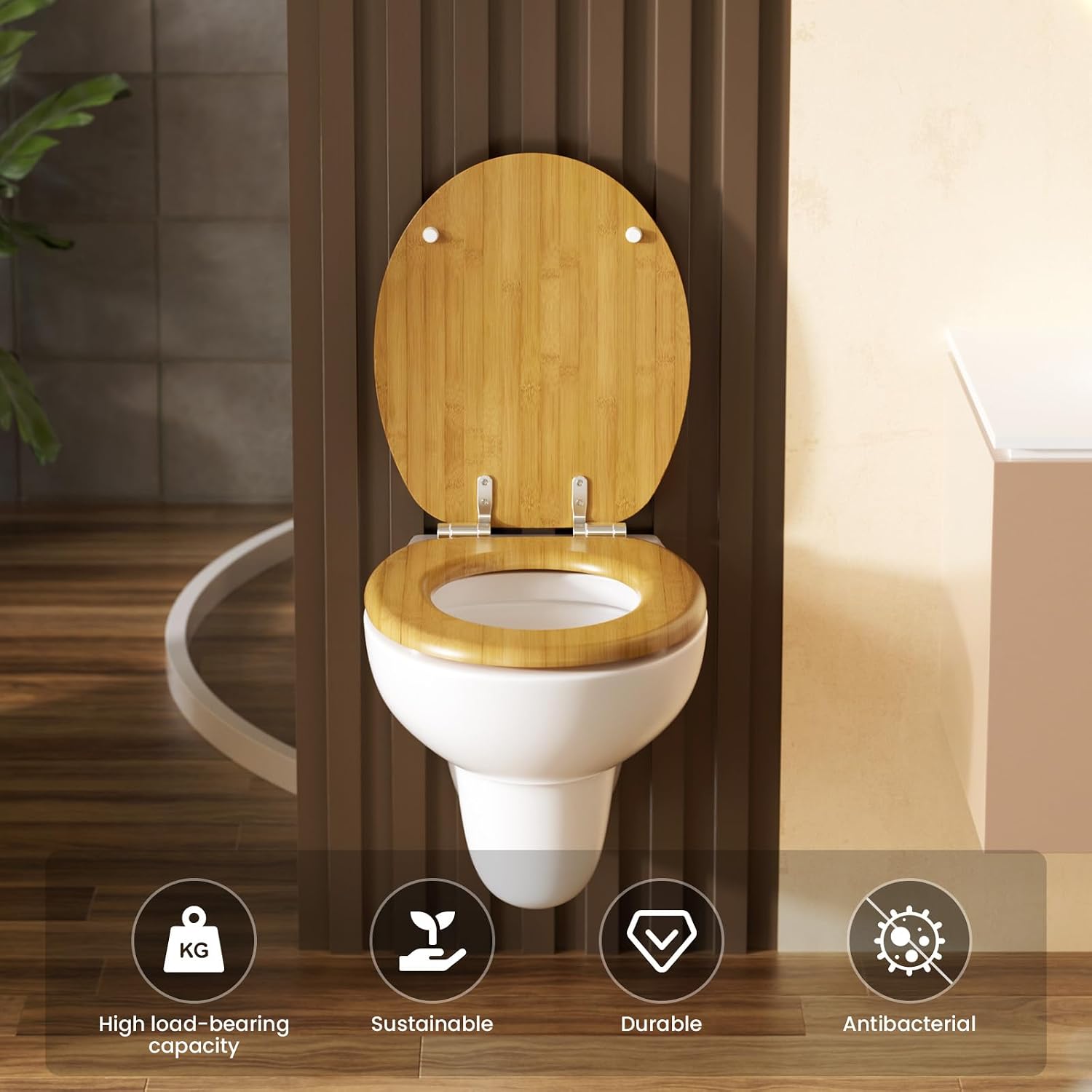 Thumbnail 1 de Premium Bamboo Grain Wooden Toilet Seat with Soft Close – Round, Heavy Duty & Universal Fit