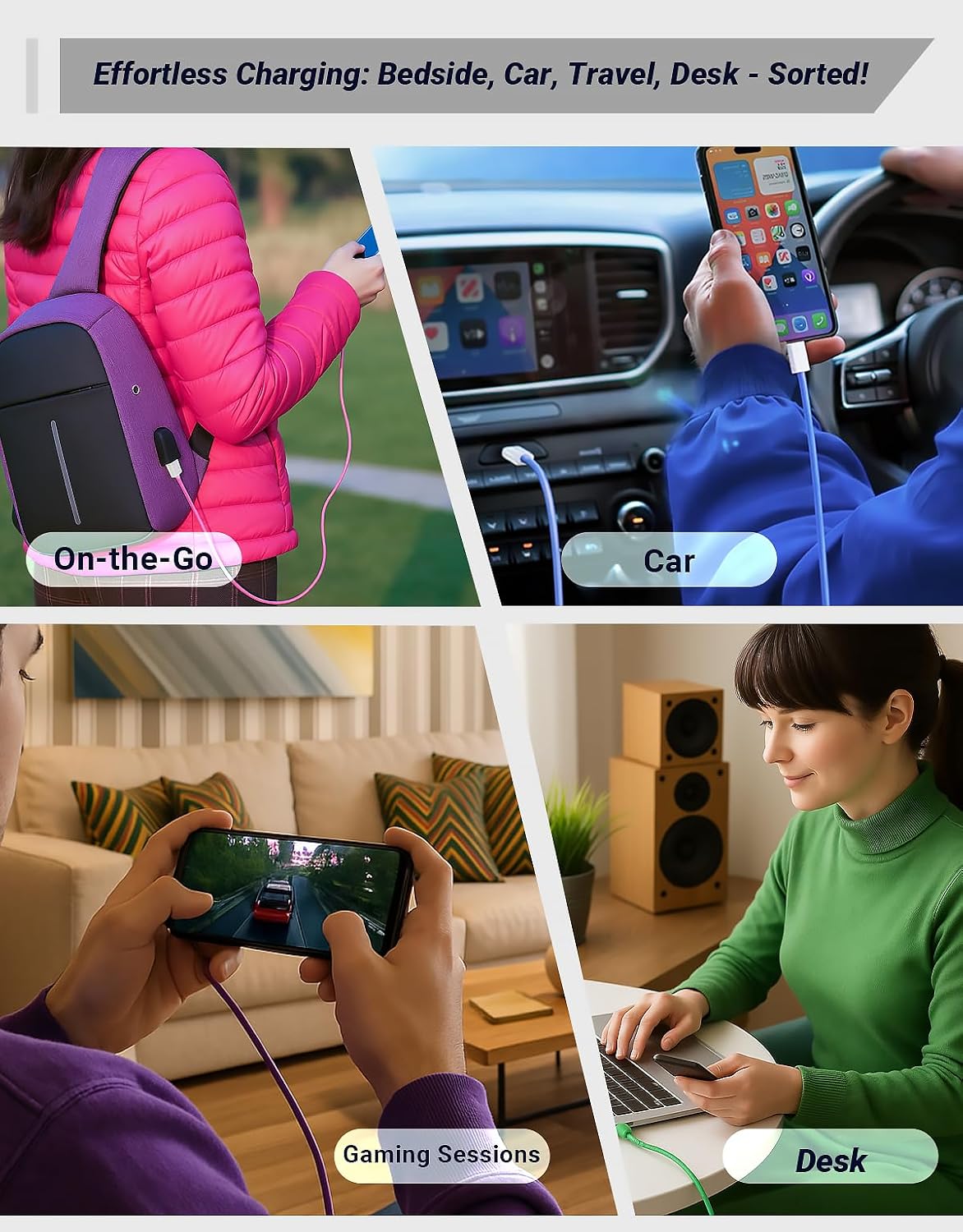 Thumbnail 6 de 3 Pack USB-C to USB-C Cable, 3FT, 60W Fast Charging, Colorful Nylon Braided (Blue, Green, Pink)
