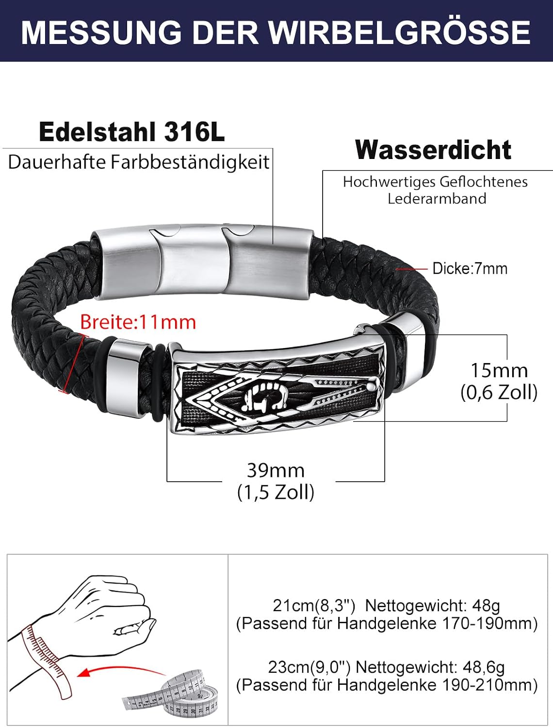 Detalle de Bandmax Herren-Lederarmband „Mjölnir/Totenkopf/Freimaurerei“ mit Magnetverschluss – personalisierbares Wikinger-Armband