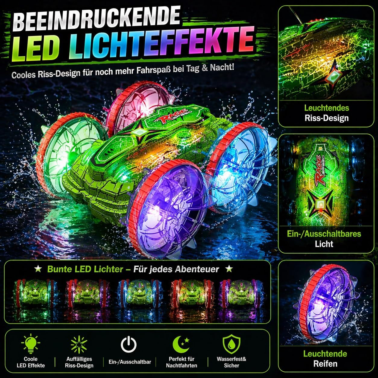 Detalle de Ferngesteuertes Amphibienfahrzeug: Outdoor-Fun für Kinder ab 6+ – Wasser & Land, 2×1200mAh Akkus, 360° Drehung