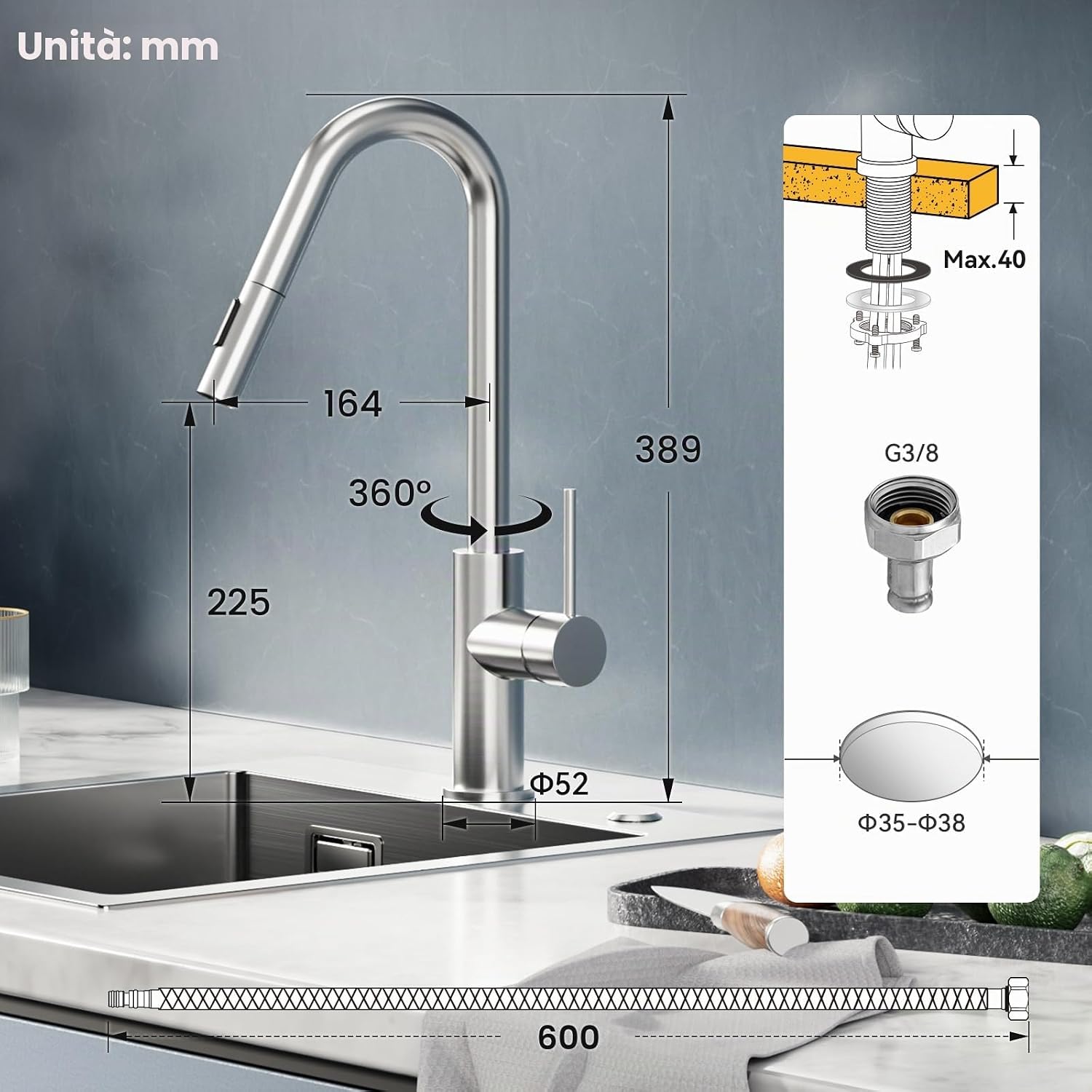 Detalle 2 de CECIPA Rubinetto da cucina ad alta pressione con doccetta estraibile: design a V in acciaio inox e flessibilità d’uso