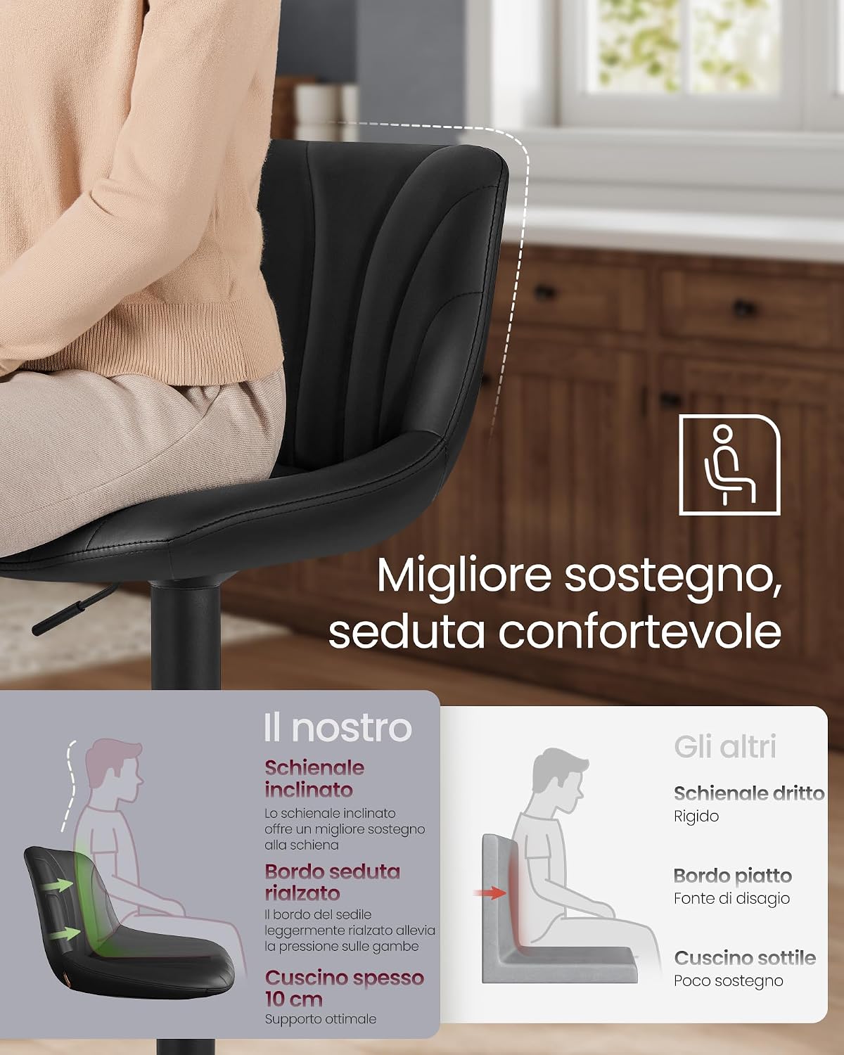 Detalle de VASAGLE Sgabelli da Bar con schienale e Poggiapiedi, Set di 2, Altezza Regolabile 60–80 cm, Girevoli a 360°, Nero Inchiostro LJB181BH01