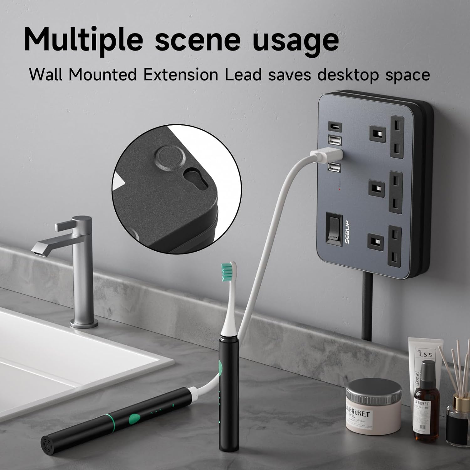 Thumbnail 6 de Extension Lead with 4 USB Slots, 3-Way Plug Power Strip with Switches – 5m Black