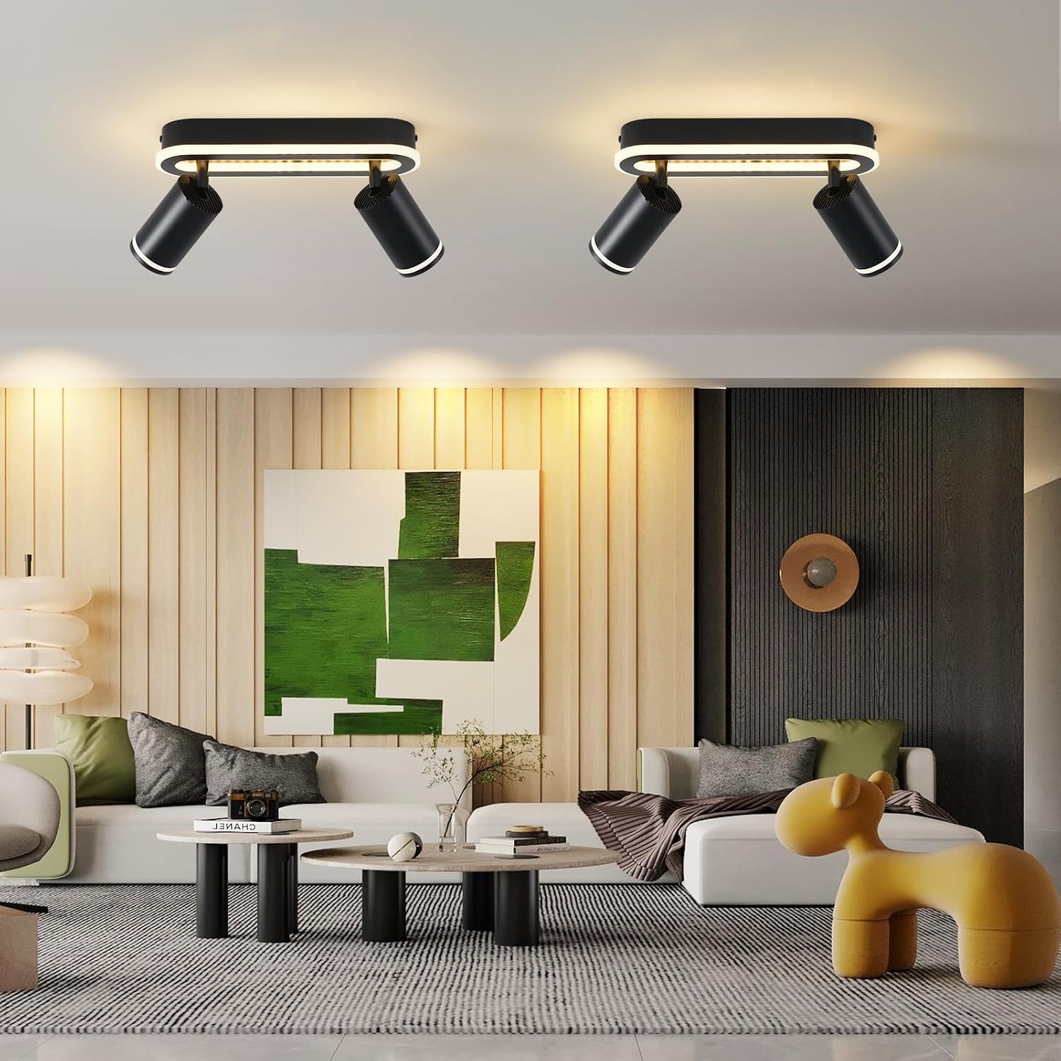 Detalle de SANSHI Deckenleuchte 2-flammig mit LED, schwenkbar 350°: 15W + 2x 5W GU10 Spots, 3000K warmweiß, schwarz